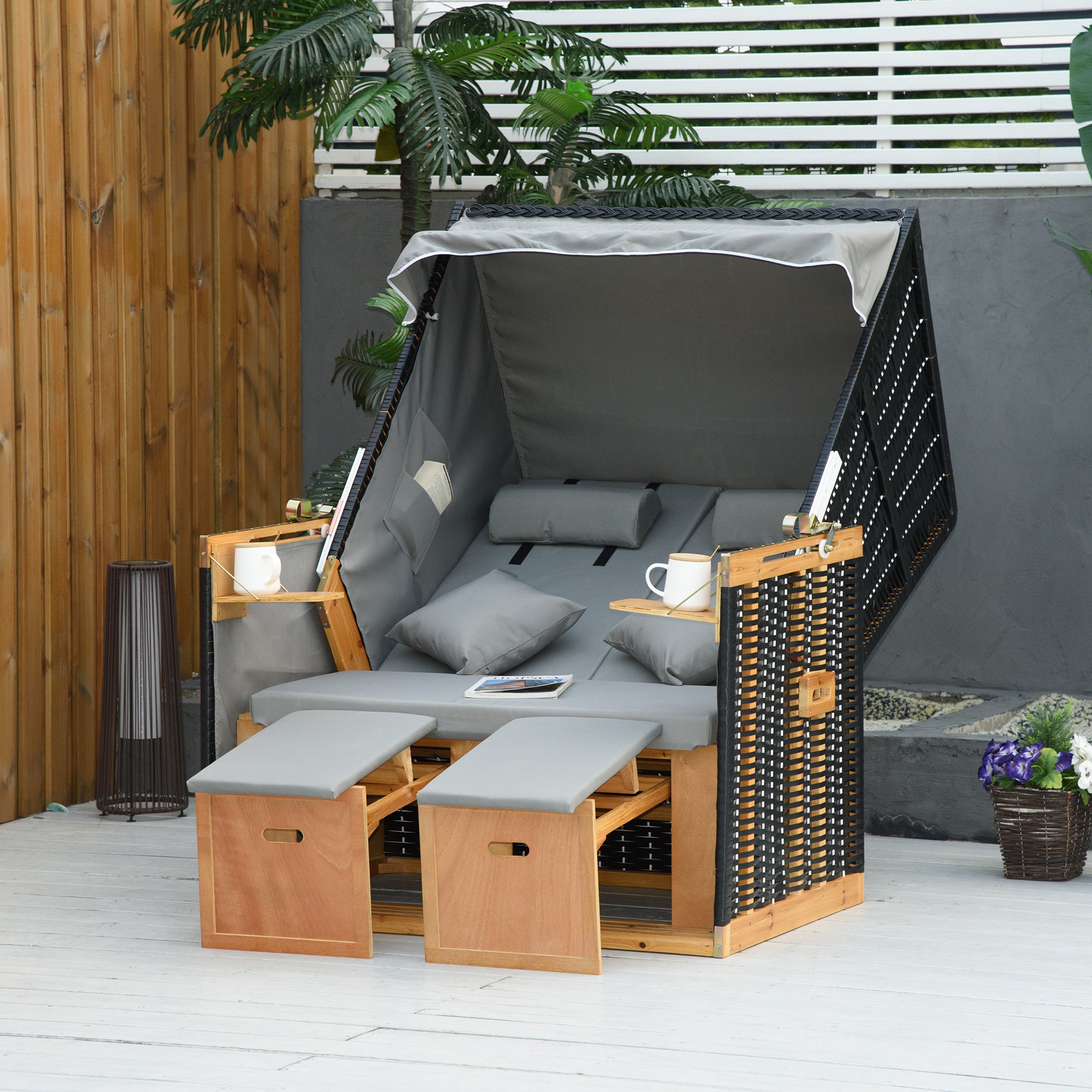 Outsunny strandstoel met dak rotan look klaptafel lichtgrijs 118 x 79 x 150 cm