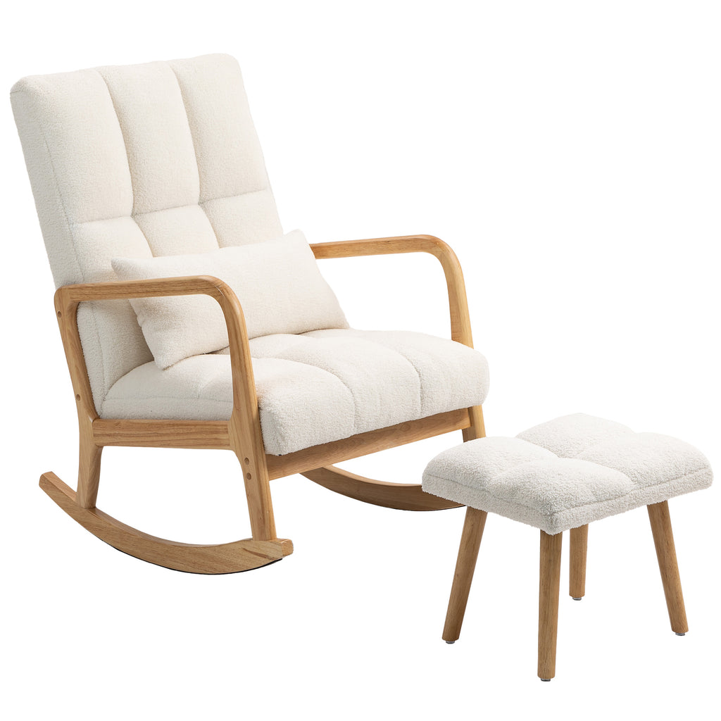 HOMCOM Schommelstoel met Voetensteun, Fleece-Bekleding, Hoge Rugleuning, Houten Poten, Voetpads, Wit