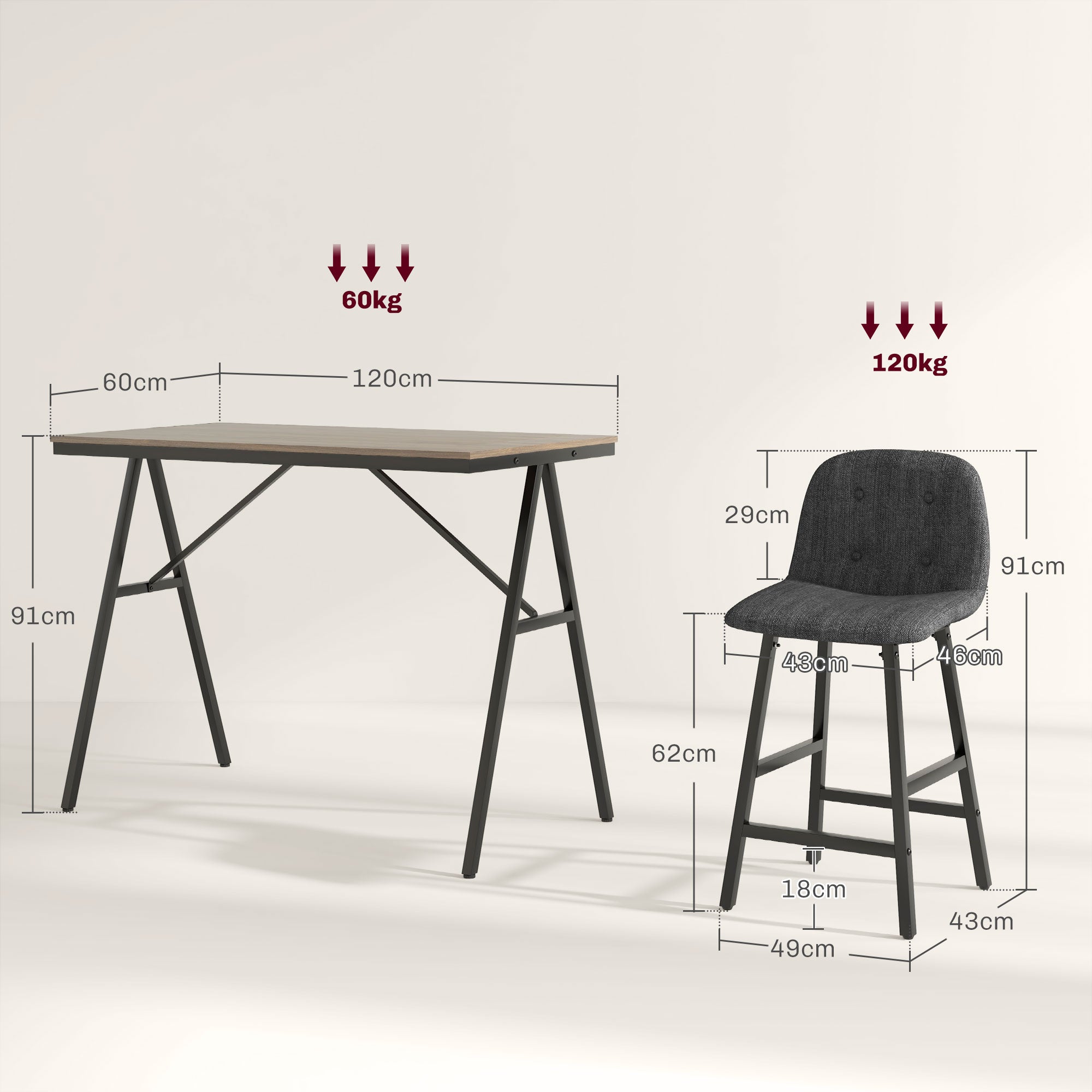 HOMCOM 5-delige Bargarnituur, Tafel en 4 Stoelen, Knoopafwerking, Dikke Bekleding, Linnenlook, Donkergrijs