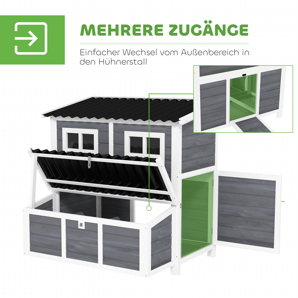 PawHut Kippenren met Legnest voor 4-6 Kippen, Waterdicht Dak, Sparrenhout, Kunststof, 100 x 86 x 100 cm, Lichtgrijs