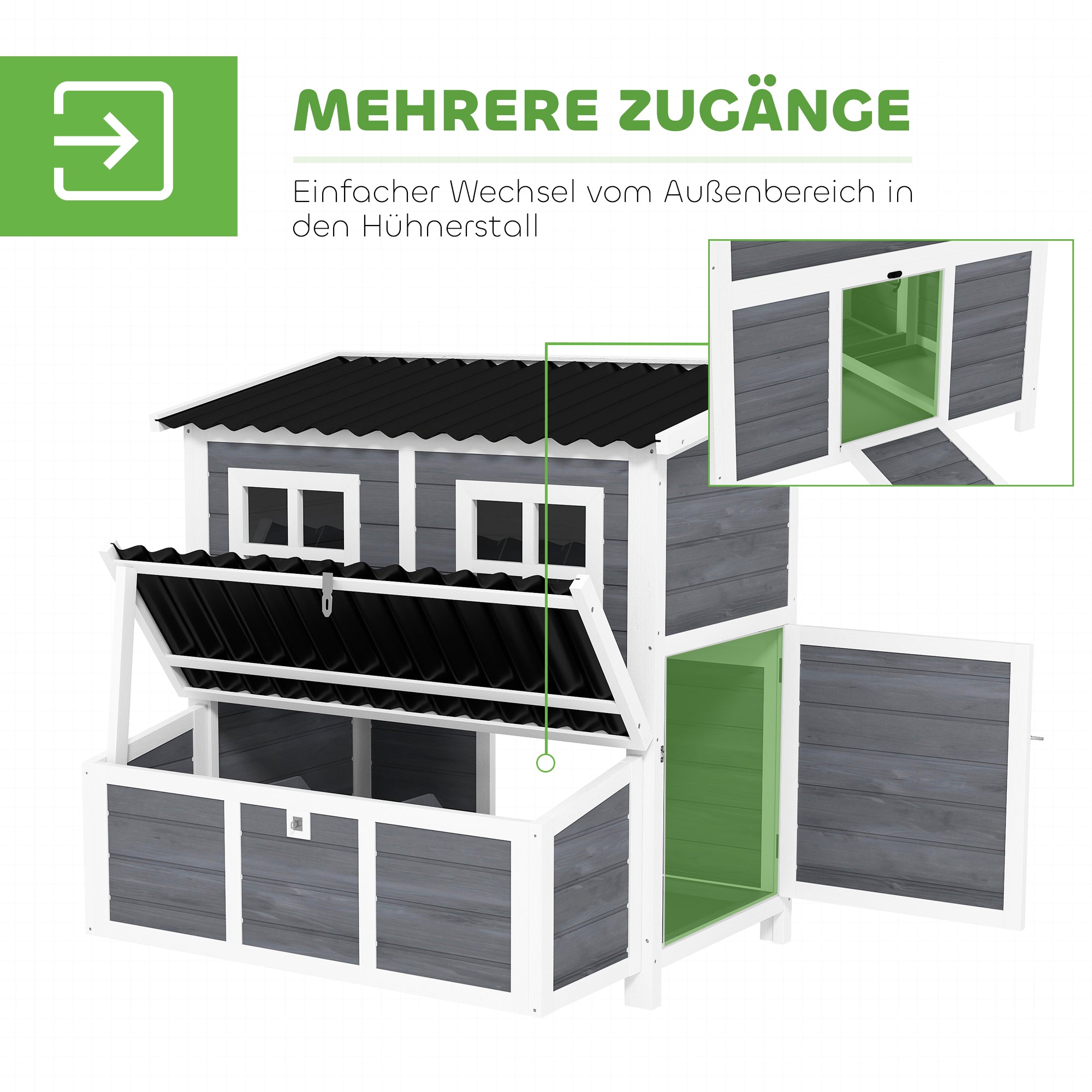 PawHut Kippenren met Legnest voor 4-6 Kippen, Waterdicht Dak, Sparrenhout, Kunststof, 100 x 86 x 100 cm, Lichtgrijs