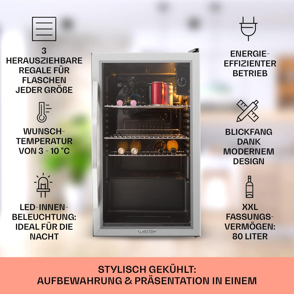 Klarstein Mini Koelkast met Glazen Deur voor Kamer, Drankenkoelkast met Verstelbare Planken, Klein 80 Liter, Indoor/Outdoor Koelkast Stil