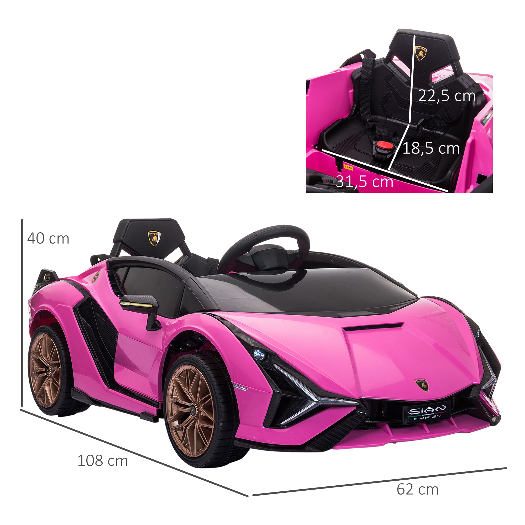 HOMCOM Kinder Elektrische Auto, Lamborghini, 3-5 km/u, Afstandsbediening, voor 3-5 Jaar, Roze