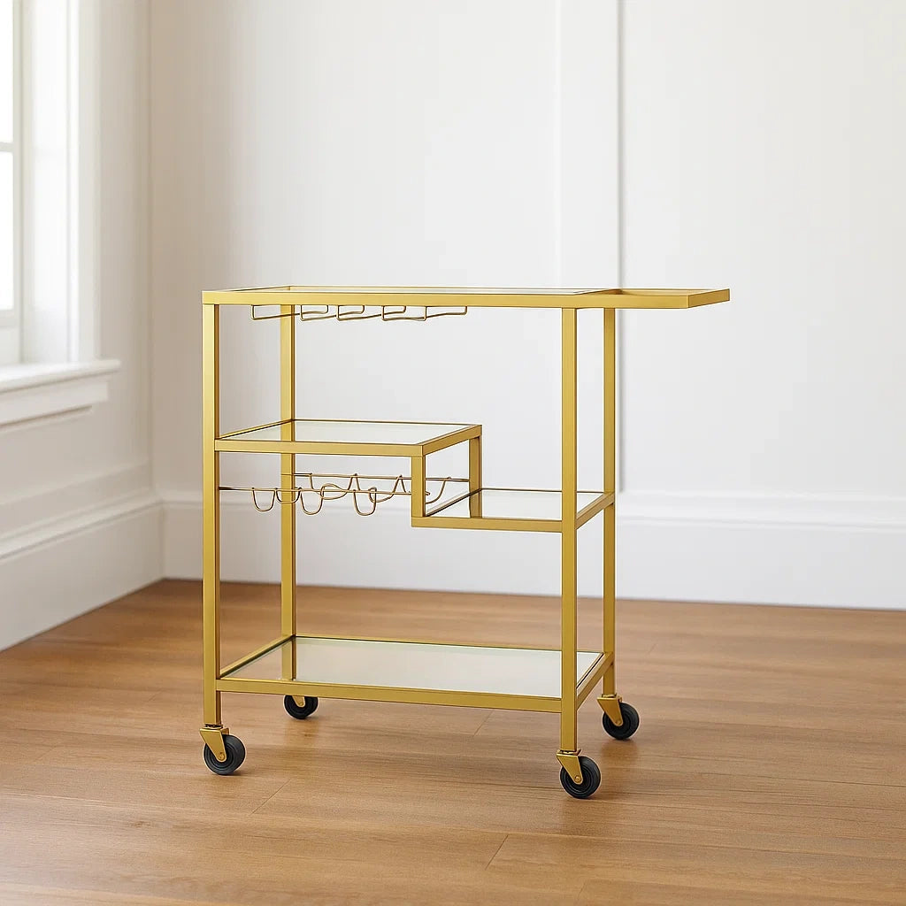 Barvogn, guld, metal og glas, til spisestue, 102x41x94cm
