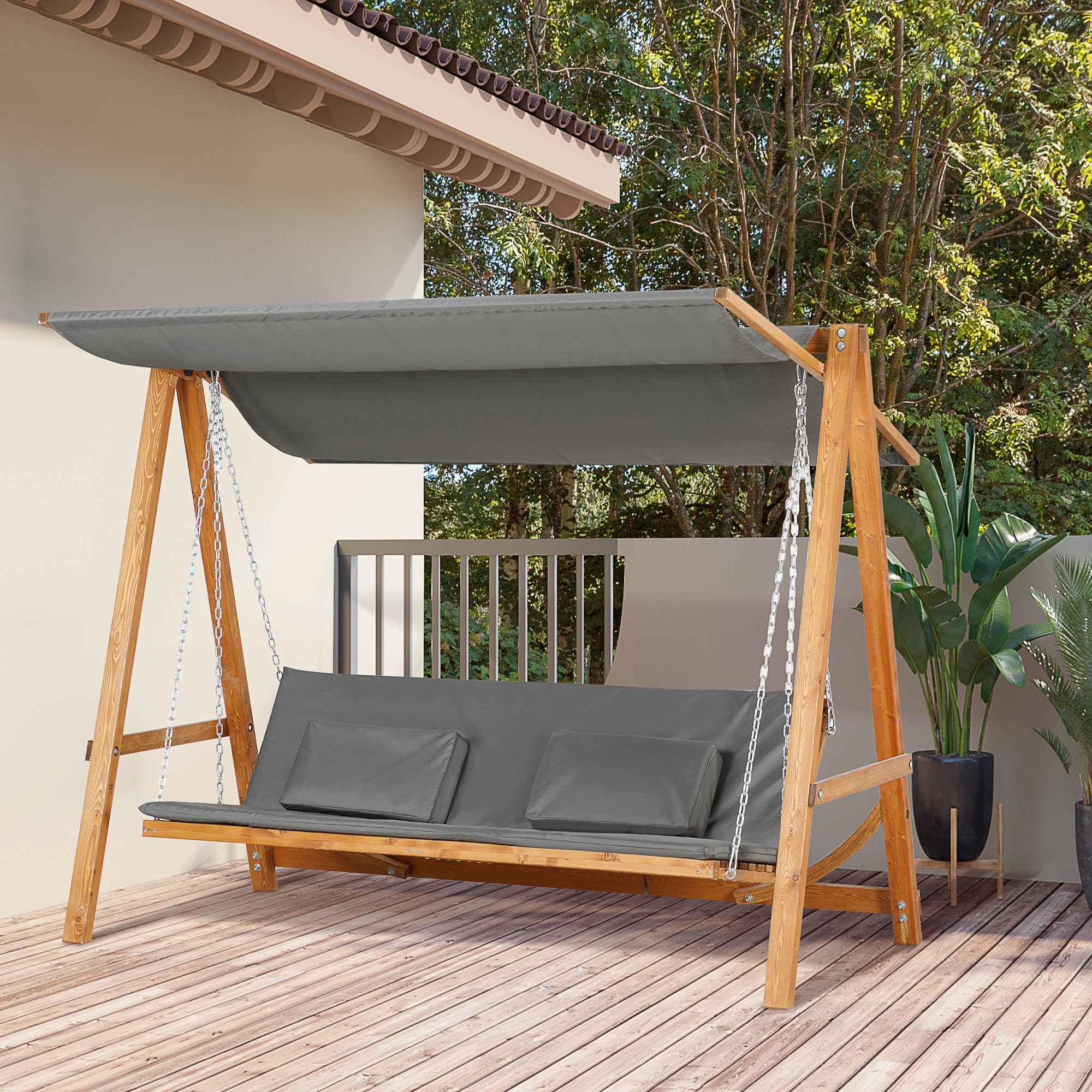 Outsunny hangmatschommel met bedfunctie 3-zits tuinschommel met dak ligbed tuinbank Lariks hout polyester grijs + teak 225.5 x 113 x 180 cm