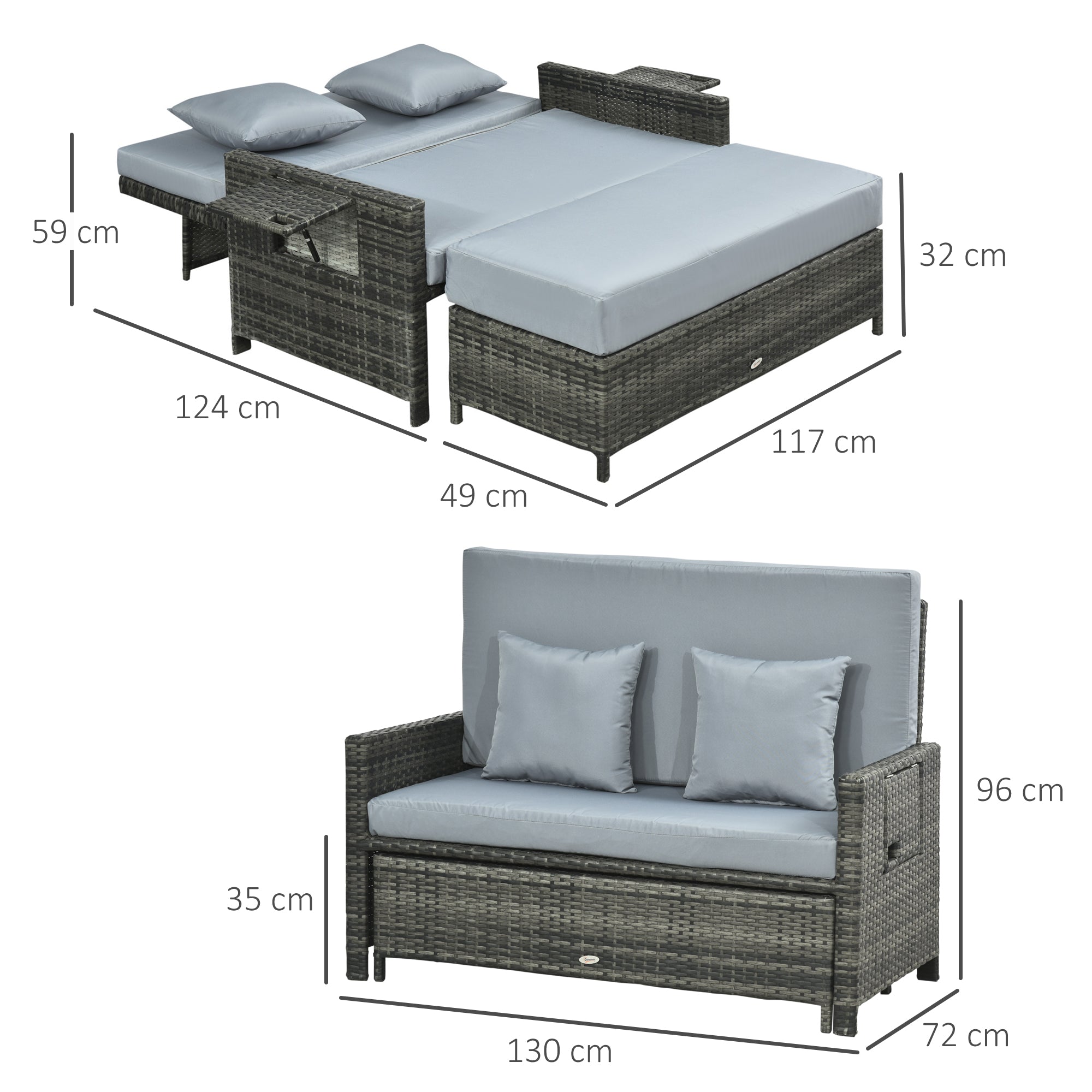 Outsunny Poly-rotan loungebank 2-zits set ligstoel kruk grijs