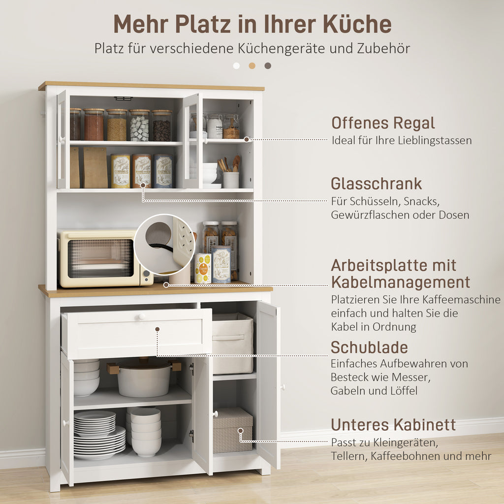 HOMCOM Landhuisstijl Keukenkast, 1 Vitrine, 1 Open Schap, 1 Lade, 2 Kasten, Natuur + Wit