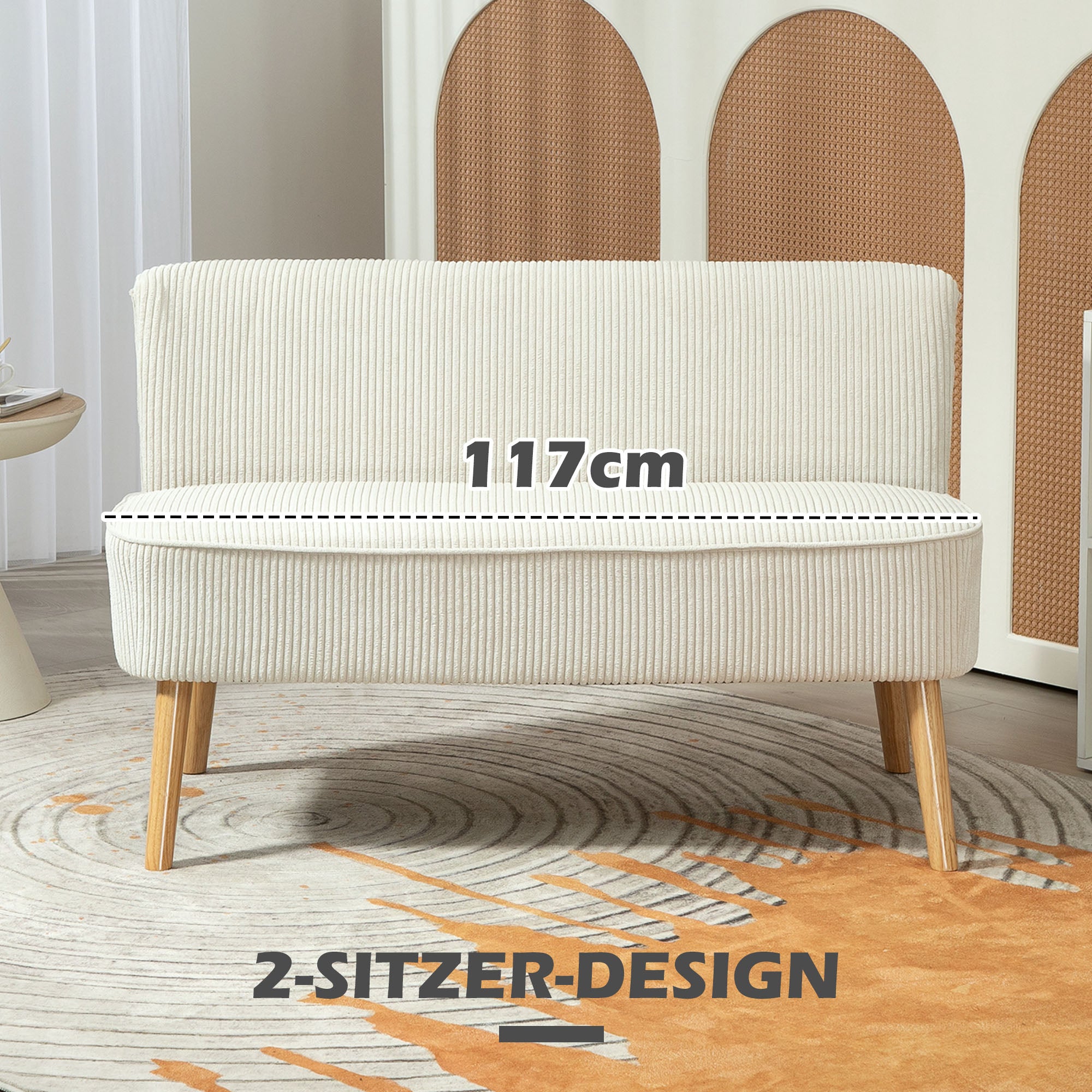 HOMCOM Tweezitsbank, Zachte Bekleding, Onderhoudsvriendelijk, Tot 150 kg Belastbaar, 117 x 56,5 x 77 cm, Crème Wit