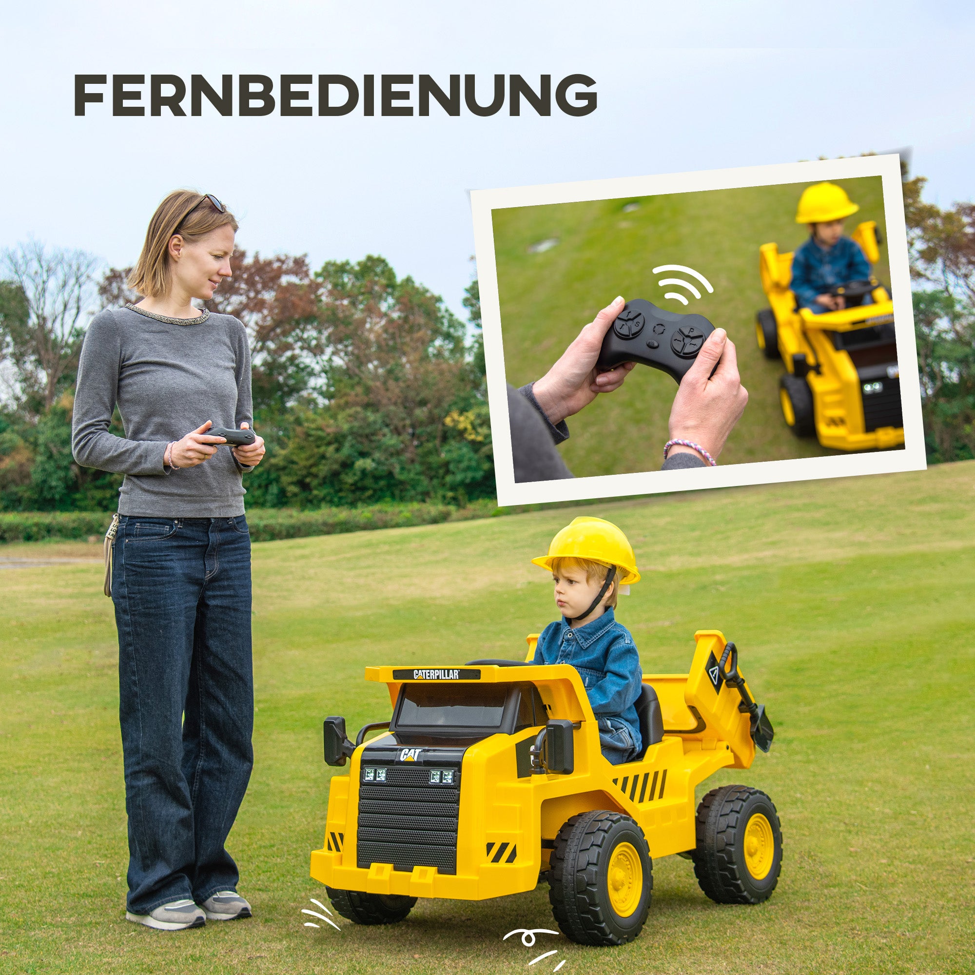 AIYAPLAY Elektrische Kindergraafmachine, Caterpillar Kipper, 3-5 km/u, met Afstandsbediening, 3-6 Jaar, Geel