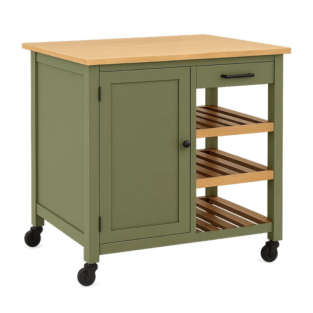 Kkken, rektangulr form, grn MDF-tr, med bordplade i lyst tr, med hjul, skuffe, bne hylder og skab, 90x45x89 cm, til privat brug - X88KKKYXm8II