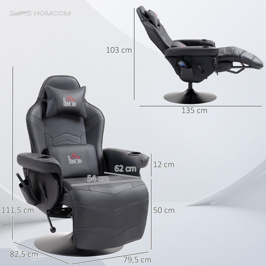 HOMCOM Gamingstoel, Massagefunctie, Kantelbare Rugleuning, Voetensteun, tot 120 kg, Stalen Frame, Kunstleer, Zwart
