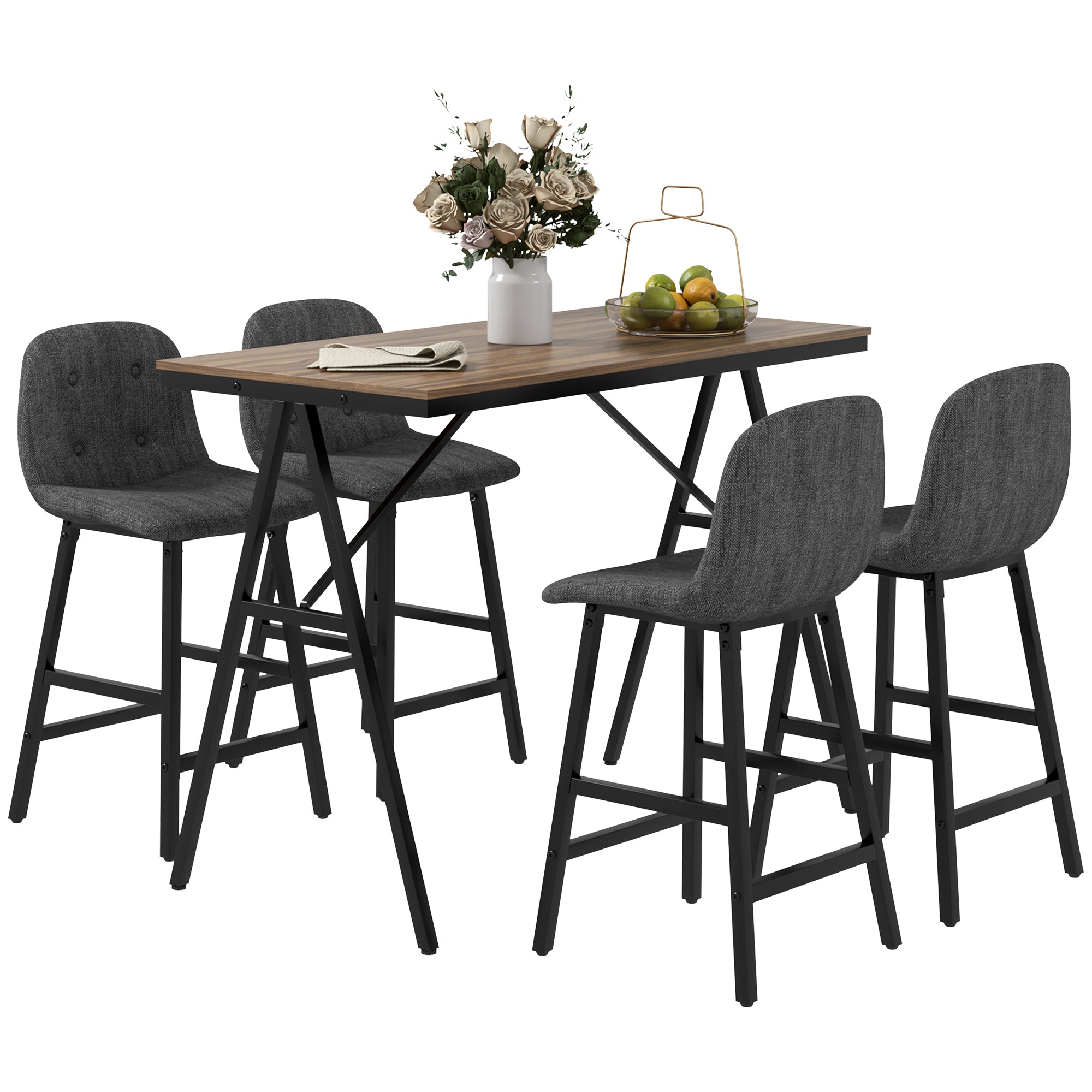 HOMCOM 5-delige Bargarnituur, Tafel en 4 Stoelen, Knoopafwerking, Dikke Bekleding, Linnenlook, Donkergrijs