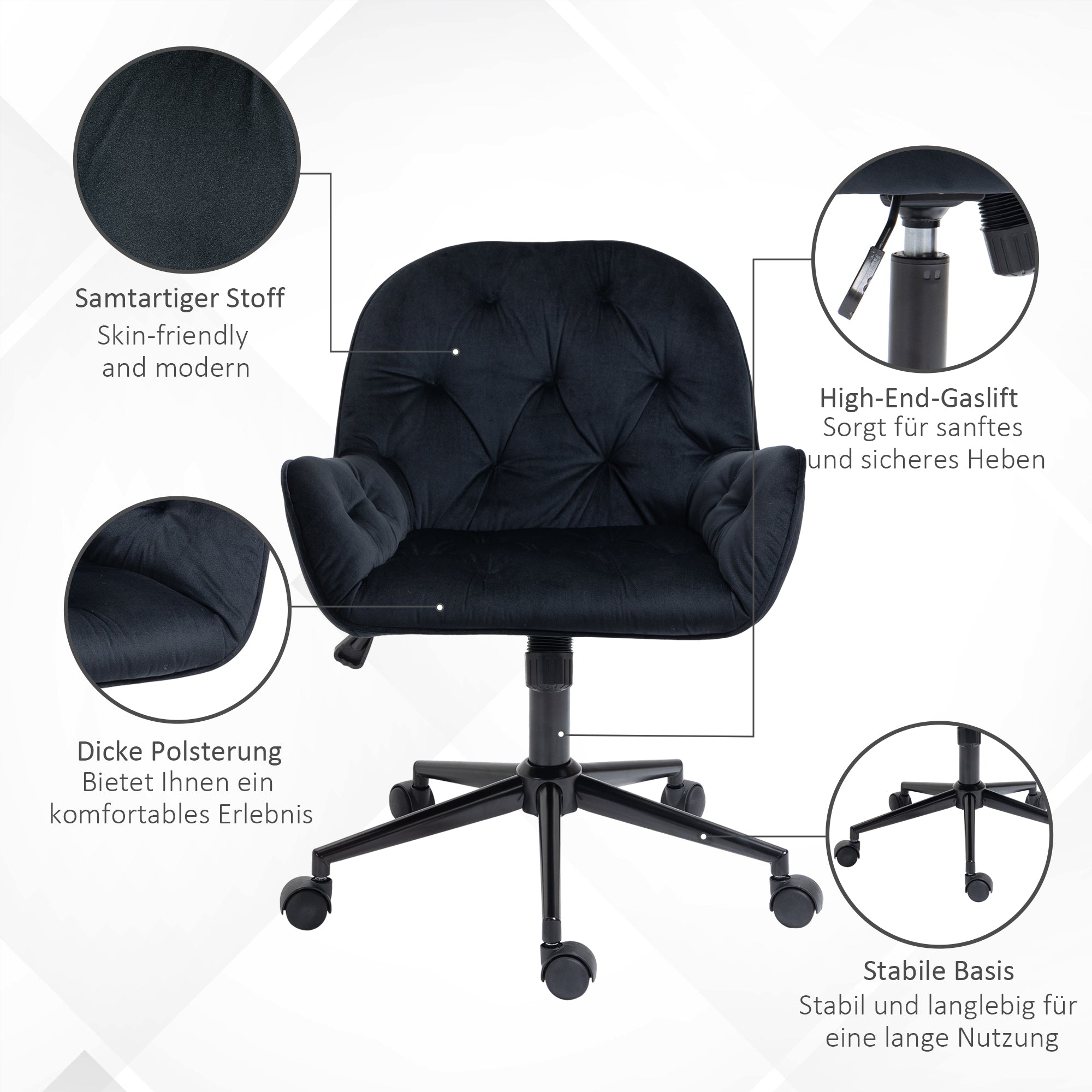 Vinsetto bureaustoel draaistoel bureaustoel in hoogte verstelbare directiestoel stoel bureaustoel fauteuil kantoor fluweelzacht polyester zwart 60 x 61 x 81-91 cm
