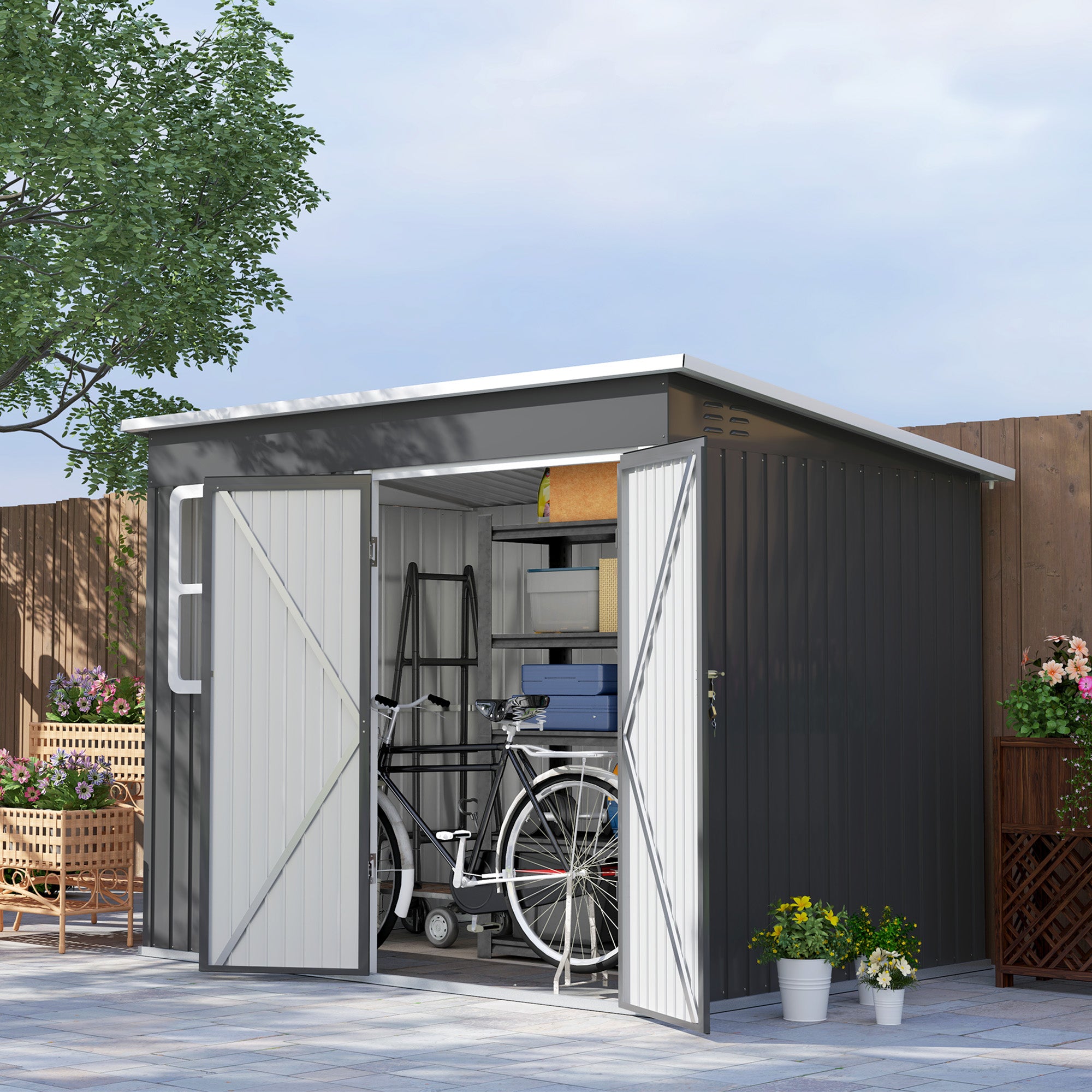 Outsunny Metalen Tuinschuur voor Opslag van Tuingereedschap, met Venster, Brede Deur, 260 x 177 x 190 cm, Donkergrijs