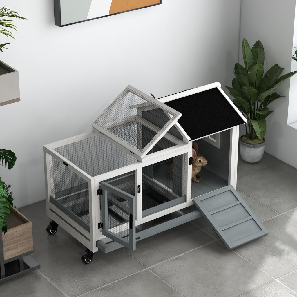 PawHut Konijnenhok, Kleine Dierenhok voor Dwergkonijnen, Cavia's, met Wielen, 108 x 58 x 73,5 cm, Grijs