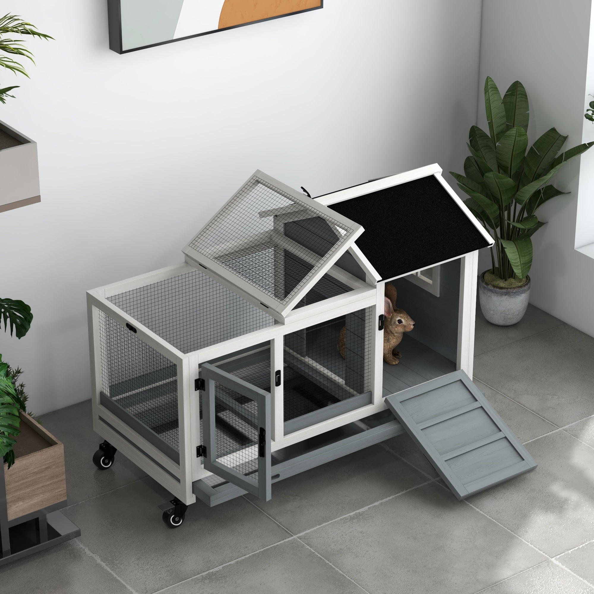 PawHut Konijnenhok, Kleine Dierenhok voor Dwergkonijnen, Cavia's, met Wielen, 108 x 58 x 73,5 cm, Grijs