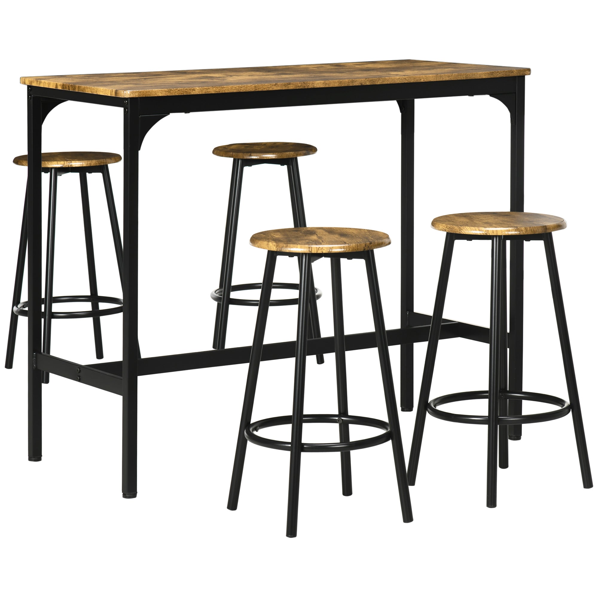 HOMCOM 5-delig. Bartafelset met industrieel design, 1 bartafel, 4 barkrukken, bankstel, aanrecht, zwart+bruin