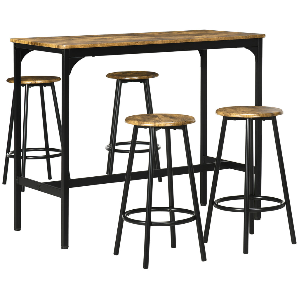 HOMCOM 5-delig. Bartafelset met industrieel design, 1 bartafel, 4 barkrukken, bankstel, aanrecht, zwart+bruin