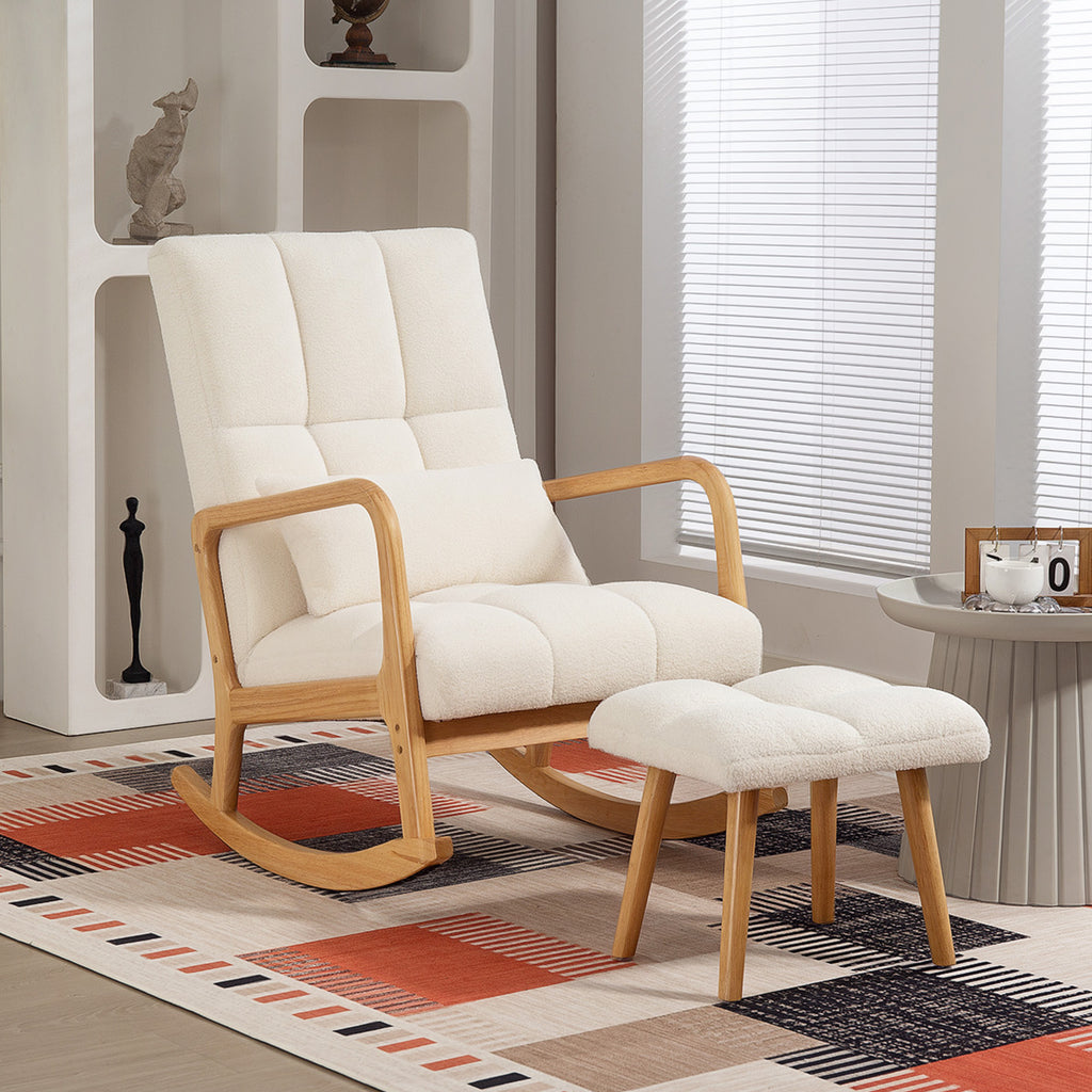HOMCOM Schommelstoel met Voetensteun, Fleece-Bekleding, Hoge Rugleuning, Houten Poten, Voetpads, Wit