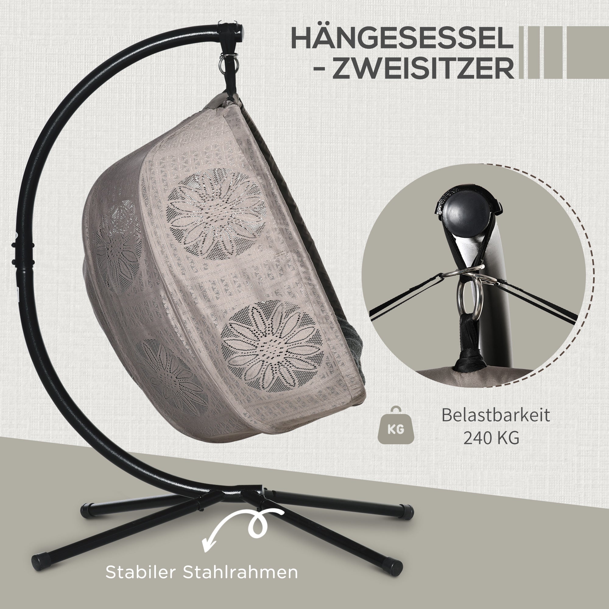 Outsunny hangstoel voor twee personen kleur zwart+zand 132L x 126W x 172H cm