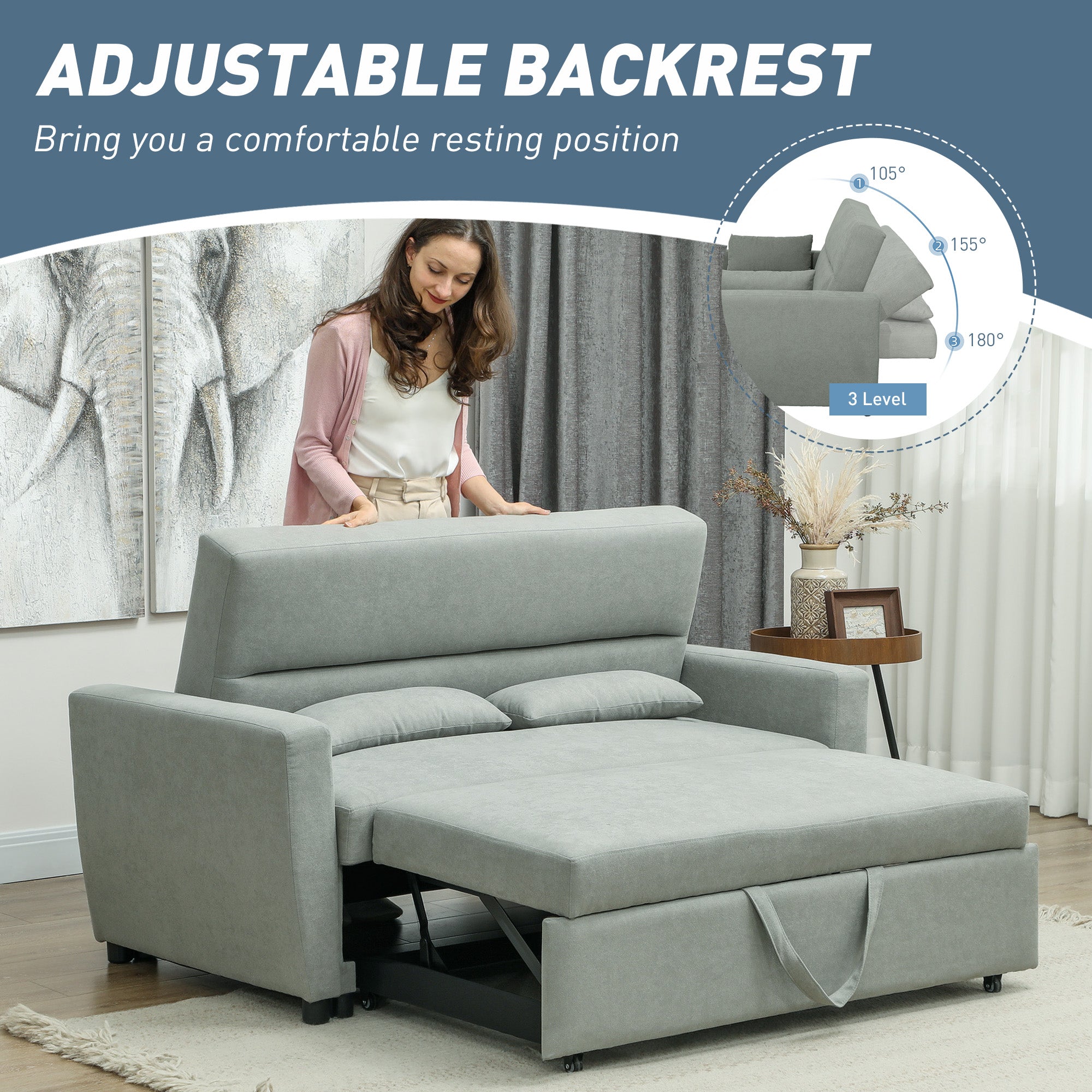 HOMCOM 2-zitsbank met bedfunctie, verstelbare rugleuning, gestoffeerde bank, fluwelen look, voor woonkamer, slaapkamer, lichtgrijs