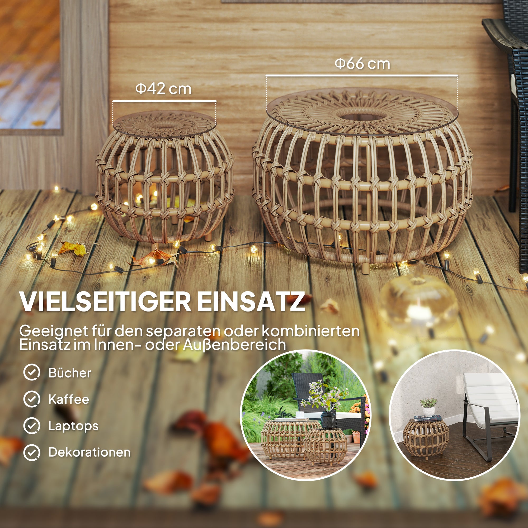 Outsunny 2-delige Set Bijzettafels Polyrattan Ø66/42 cm Rond Weerbestendig met Glazen Blad - Bruin