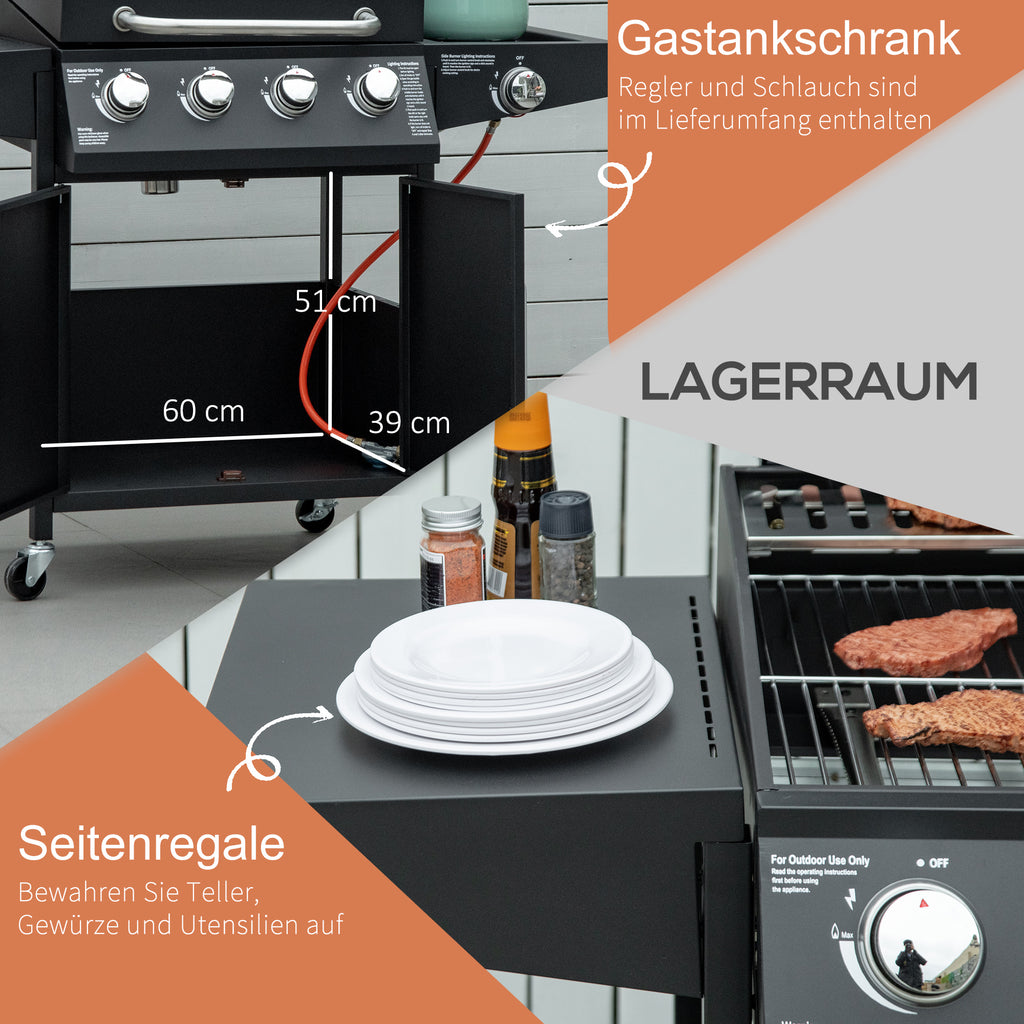 Outsunny 4+1 Gas BBQ Grill met 4 Branders en 1 Zijbrander Koolstofstaal Zwart 132 x 55 x 109 cm