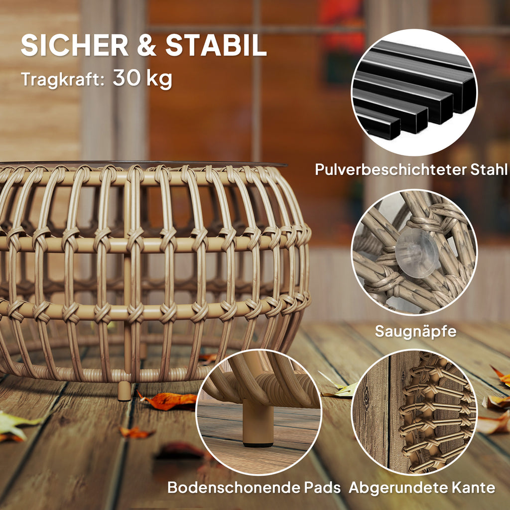 Outsunny 2-delige Set Bijzettafels Polyrattan Ø66/42 cm Rond Weerbestendig met Glazen Blad - Bruin