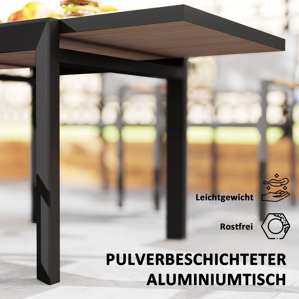 Outsunny Weerbestendige Uitschuifbare Aluminium Tuintafel 80/160x80 cm voor 6 Personen in Natuurhout Look