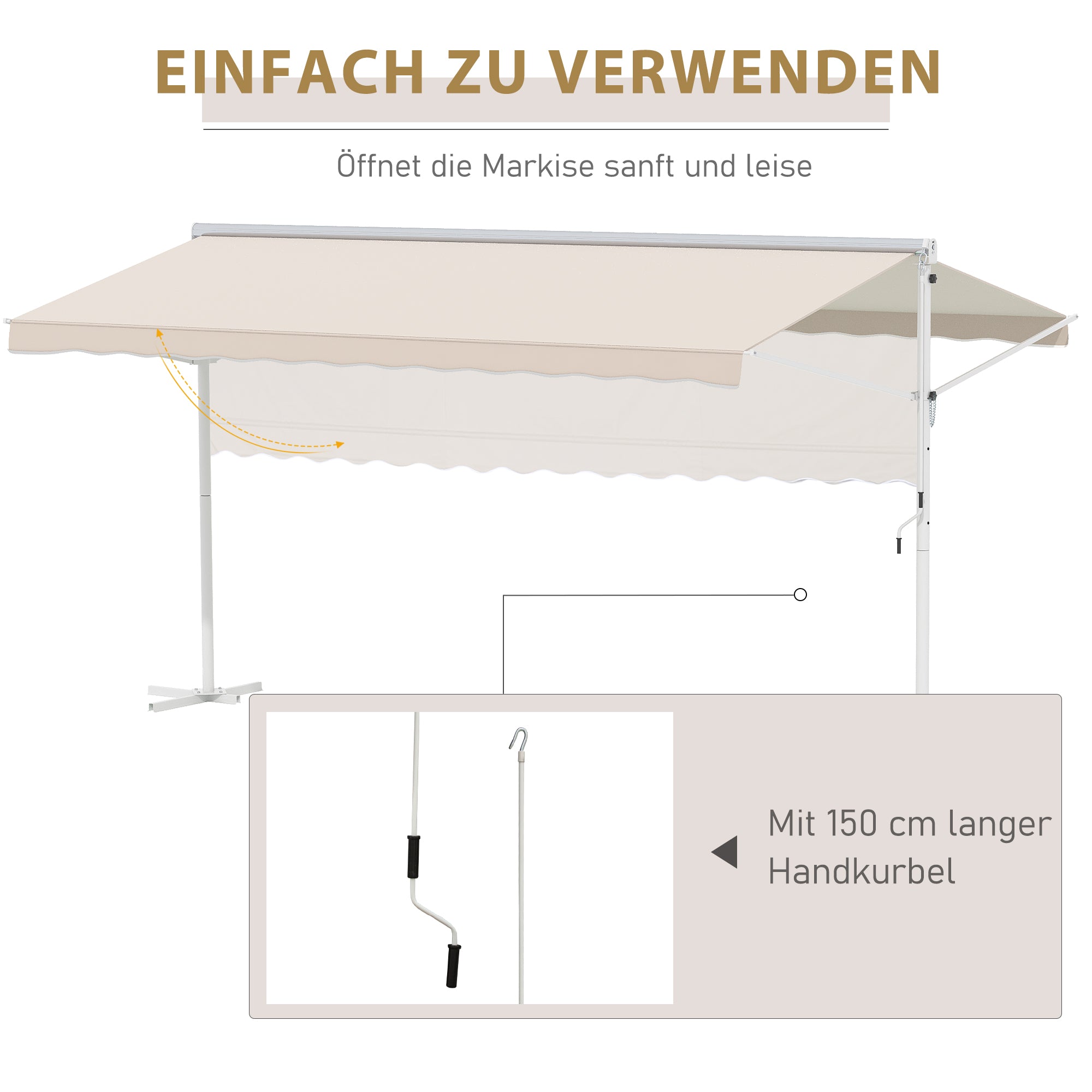 Outsunny Staande luifel met knikarm tuinluifel luifel zwengel crème 4,5 x 3,42 m