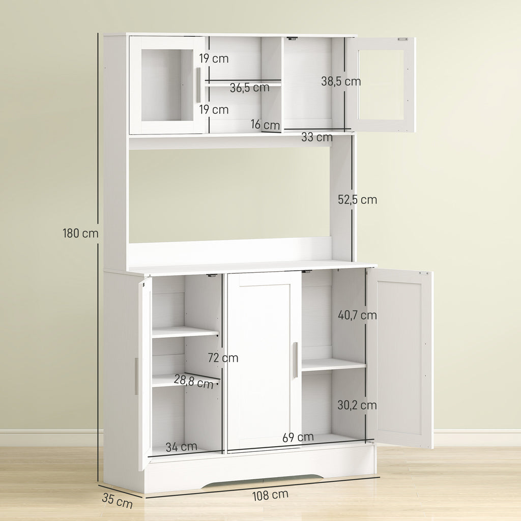 HOMCOM Keukenkast, Scandinavisch Design, 4 Kasten, Verstelbare Planken, Glazen Deuren, Open Vak, Spaanplaat, MDF, Wit