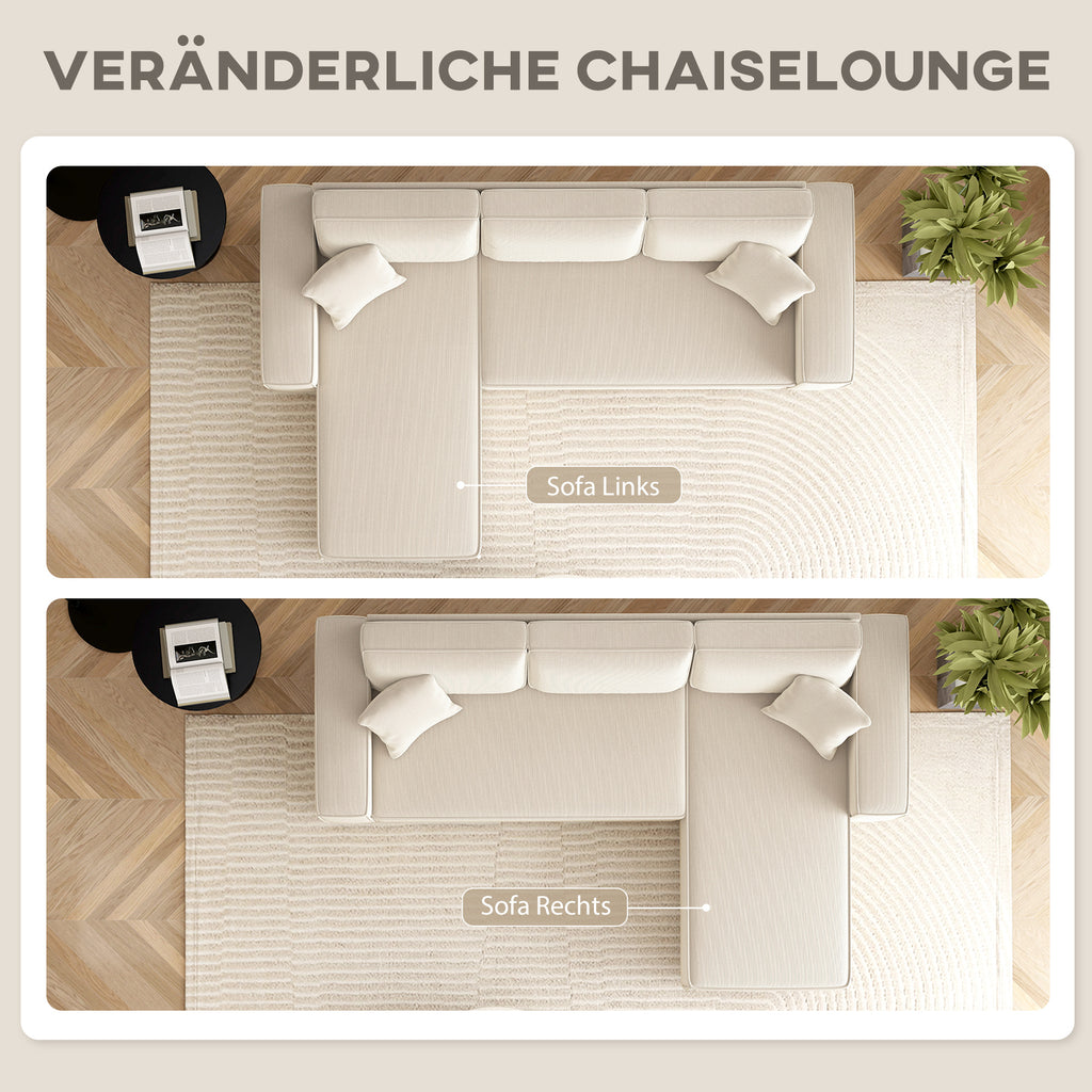 HOMCOM 3-Zitsbank met Chaise Longue, Woonkamerbank met Corduroy Bekleding, 2 Extra Kussens, Gestoffeerde Bank, Crèmewit
