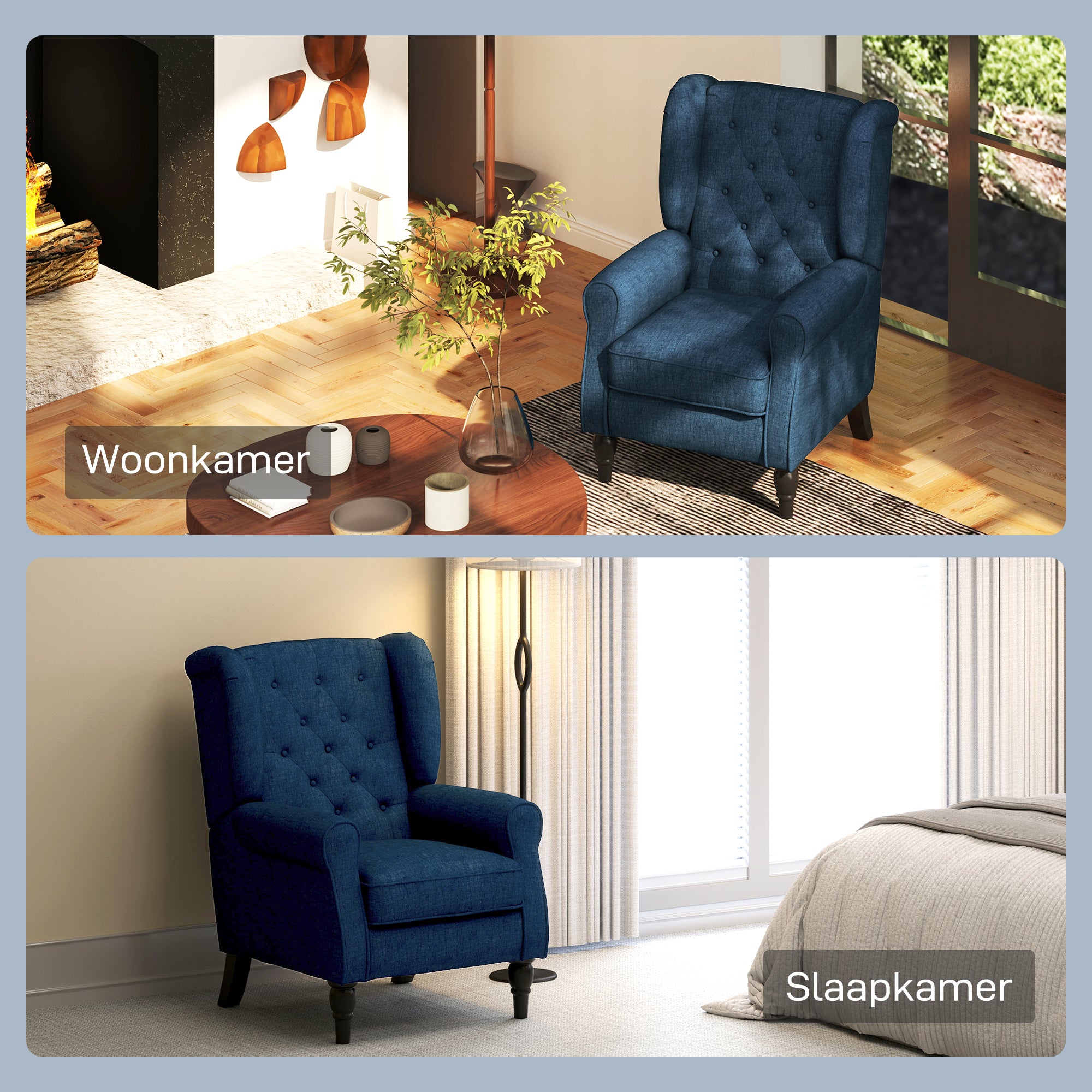 HOMCOM Elegante Oorfauteuil, Dik Gepolsterd, Afneembare Hoes, 74 x 86 x 102 cm, Blauw