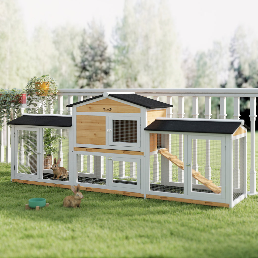 PawHut konijnenhok met ren, hok voor kleine dieren, dwerg konijnenhok met oprit, cavia hok, kooi voor kleine dieren, dwergkonijn kooien voor buiten, winterklaar, sparrenhout, wit, 230 x 53 x 93.5 cm