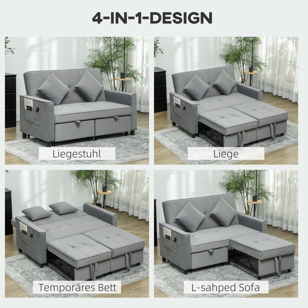 HOMCOM 4-in-1 Sofa, Verstelbare Bank, Bedbank, met Kussens, Stoffen Bekleding, voor Woonkamer, Slaapkamer, Grijs
