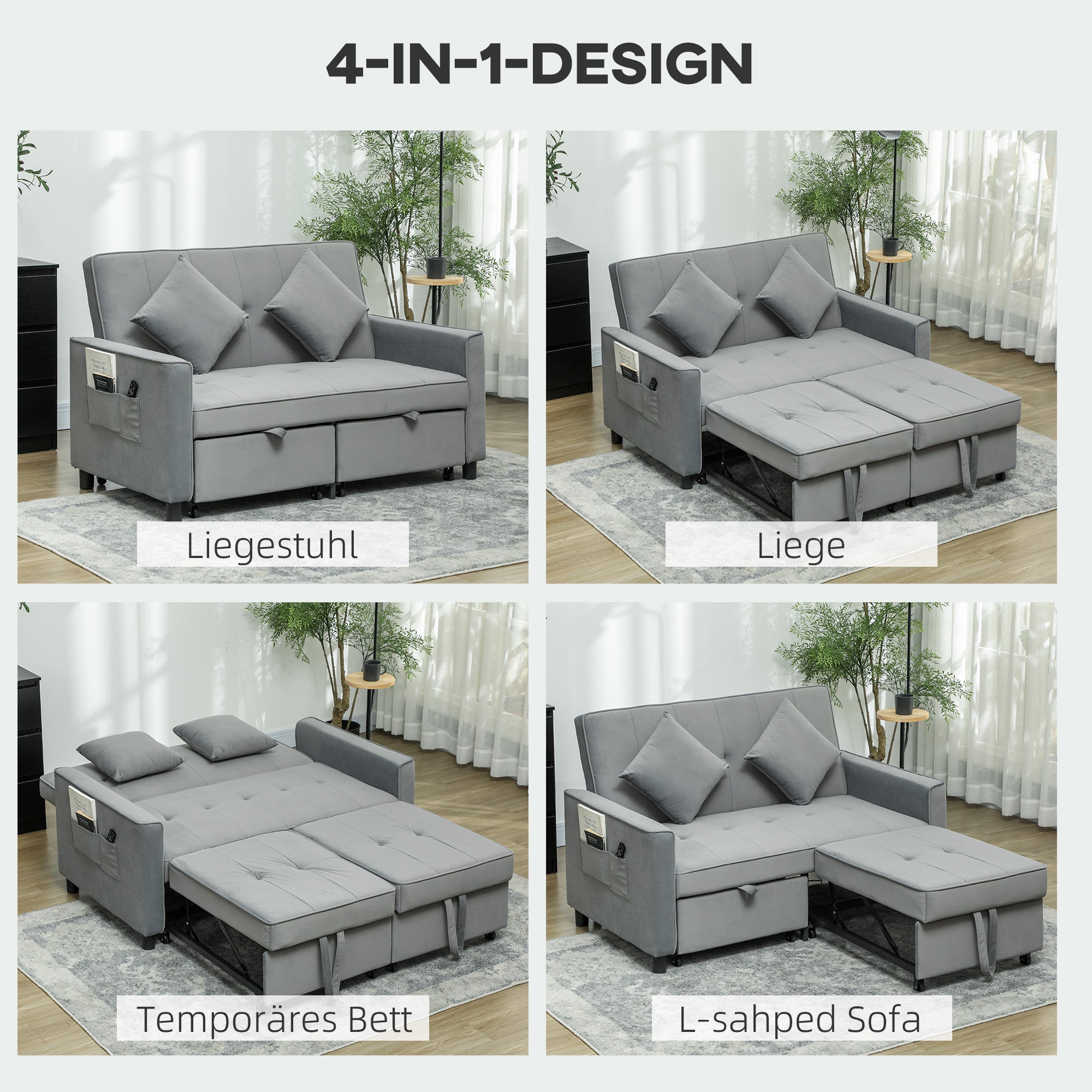 HOMCOM 4-in-1 Sofa, Verstelbare Bank, Bedbank, met Kussens, Stoffen Bekleding, voor Woonkamer, Slaapkamer, Grijs