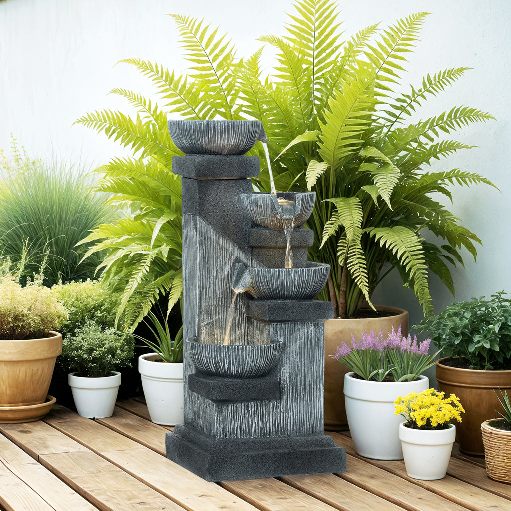 Outsunny 85 cm Outdoor Fontein, 4-Verdiepingen Sierfontein, Kunstmatige Waterval met LED-verlichting en Pomp, Grijs
