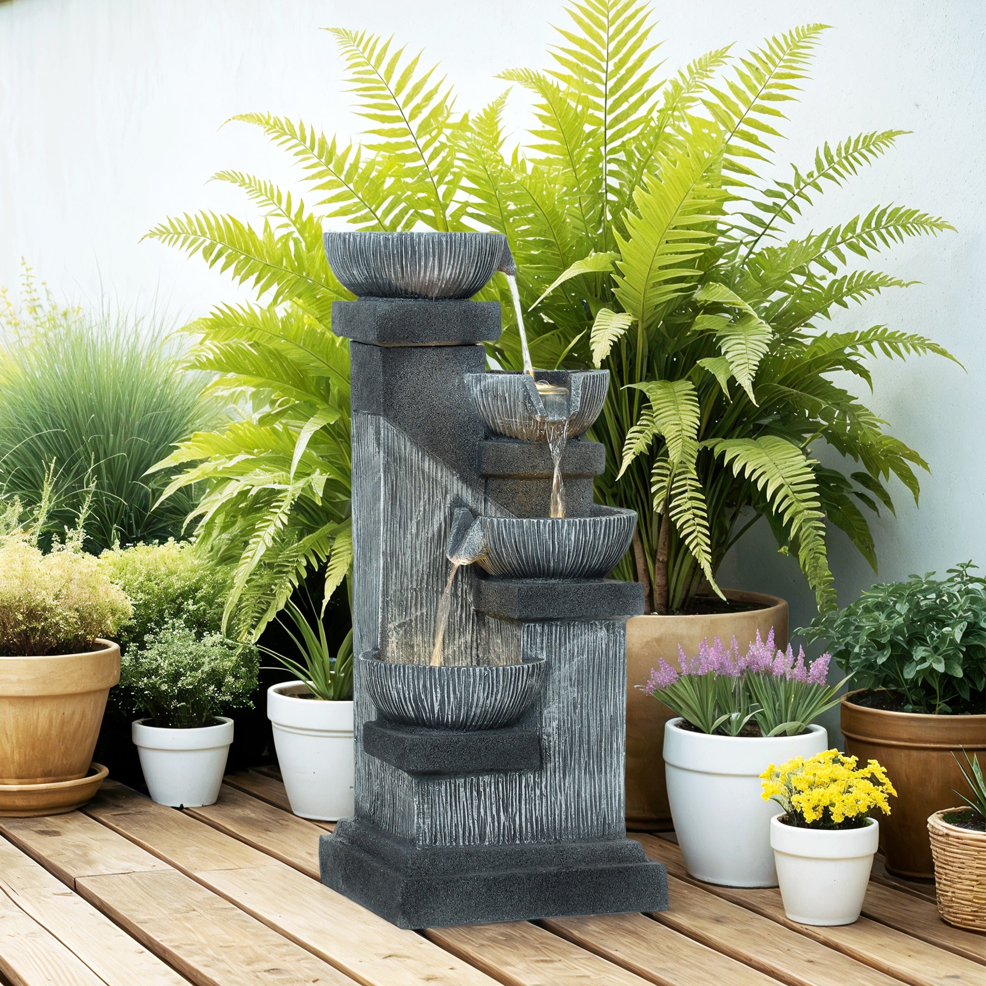 Outsunny 85 cm Outdoor Fontein, 4-Verdiepingen Sierfontein, Kunstmatige Waterval met LED-verlichting en Pomp, Grijs