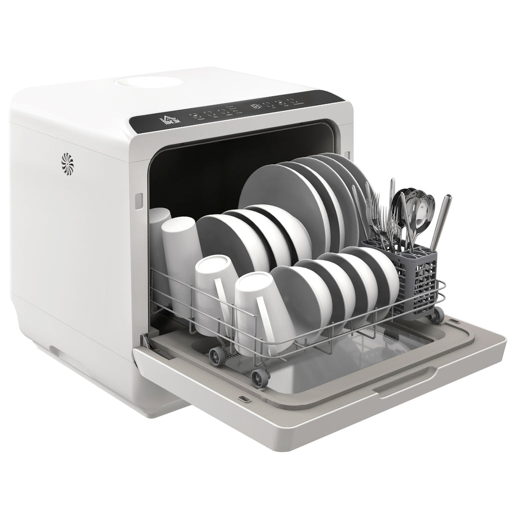 HOMCOM Compacte Tafelvaatwasser, 4 Couverts, Droogmodus, 6L Tank/Kraan, Startuitstel, LED, Wit