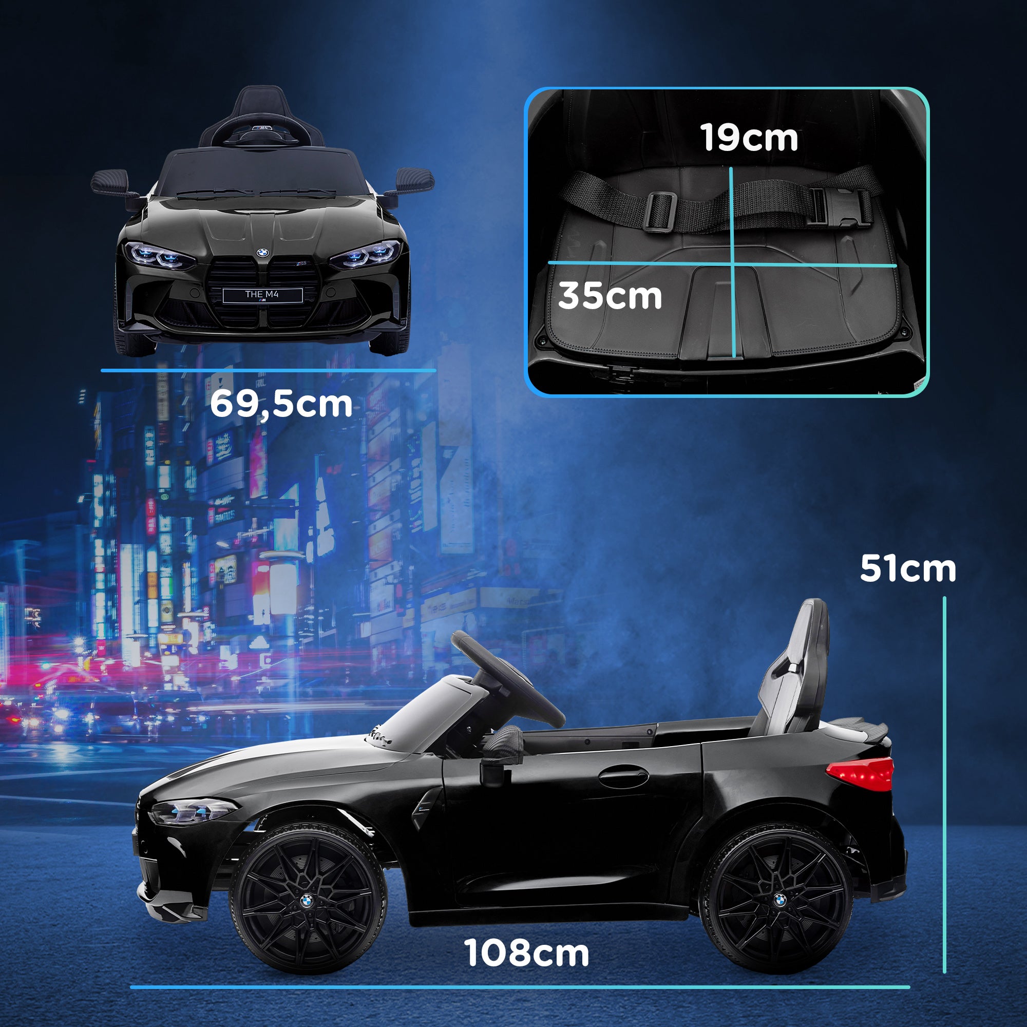 AIYAPLAY Elektrische Kinderauto BMW M4 met Geluid & Licht, 3-5 km/u, Incl. Afstandsbediening, voor 3-5 Jaar, Zwart