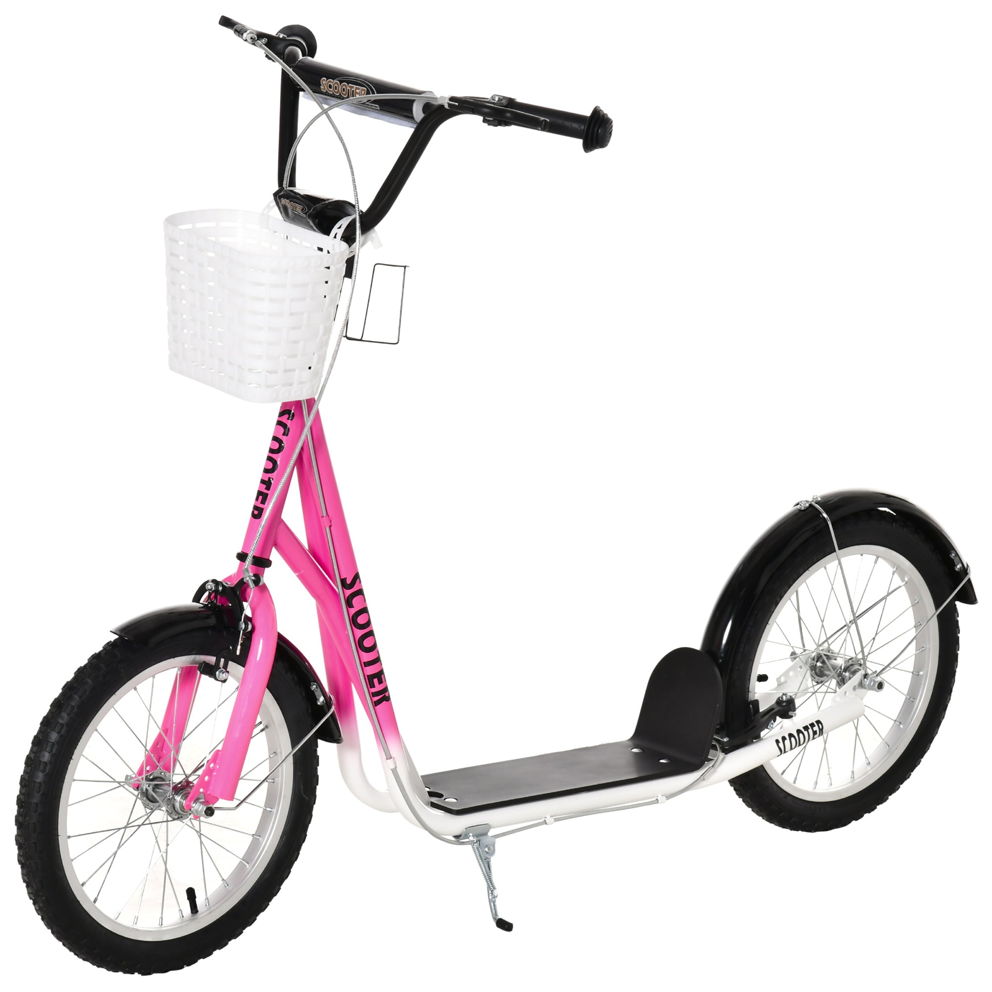 HOMCOM Kinderstep met Rem, Incl. Mand, Hoogteverstelbaar, voor Kinderen van 5 tot 12 Jaar, Wit + Roze