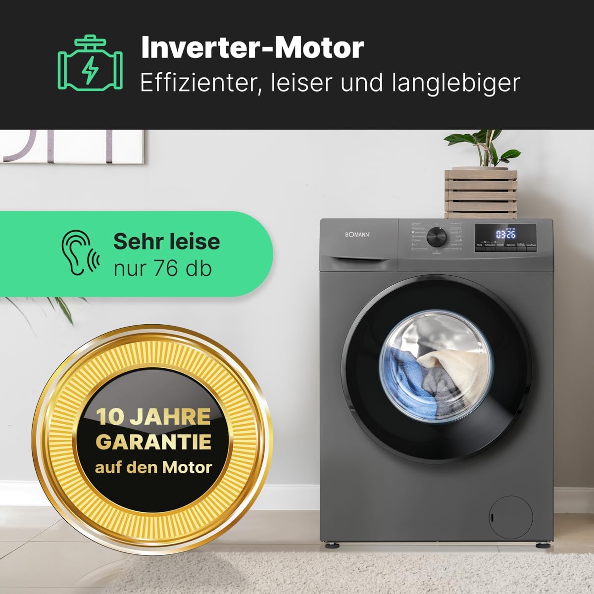 Bomann Wasmachine 7kg | maximaal 1400 tpm | 10 jaar motorgarantie | Effici?nte, stille en duurzame invertermotor | 15 programma's | Eindtijd Netnummer | LED-scherm | Wasmachine | WA 7175 wit