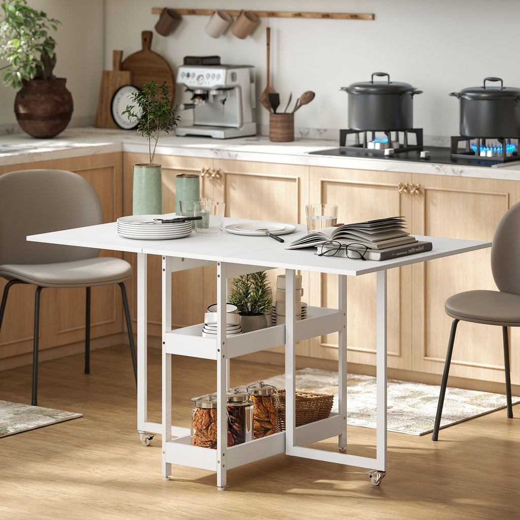 HOMCOM Uitschuifbare Eettafel in Industrieel Ontwerp voor tot 4 Personen, Open Schappen, Flexibel, Metaal, Spaanplaat, Wit