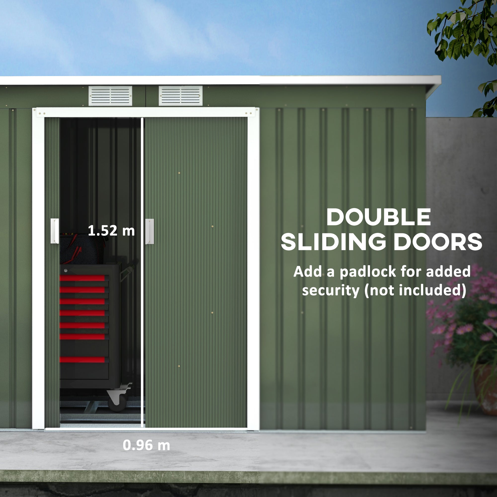 Outsunny Tuinhuis tuinhuisje met schuifdeur raam buiten staal lichtgroen