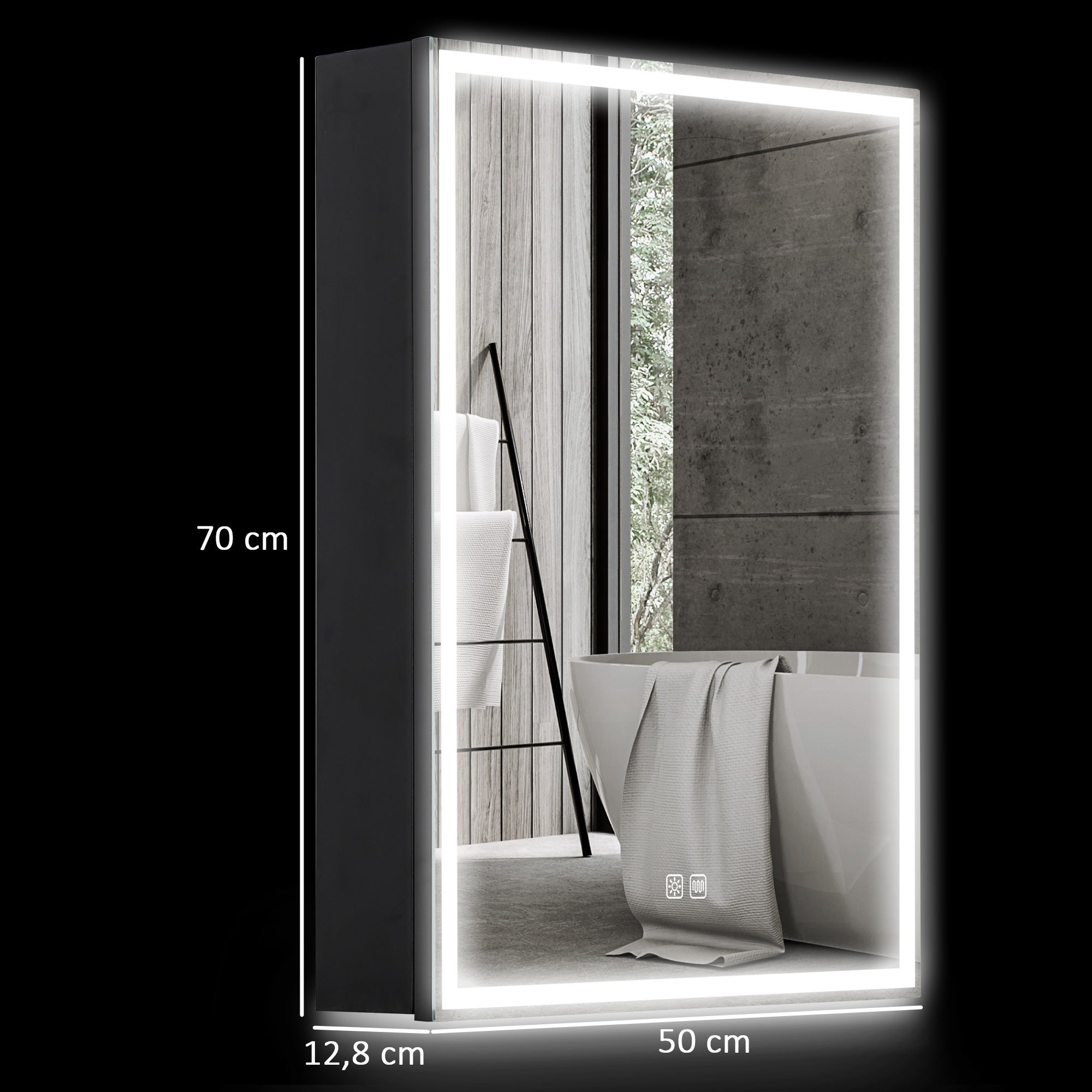 HOMCOM LED Spiegelkast voor Badkamer, 50 x 70 cm, Dimbaar, Anti-Beslag, Zwart