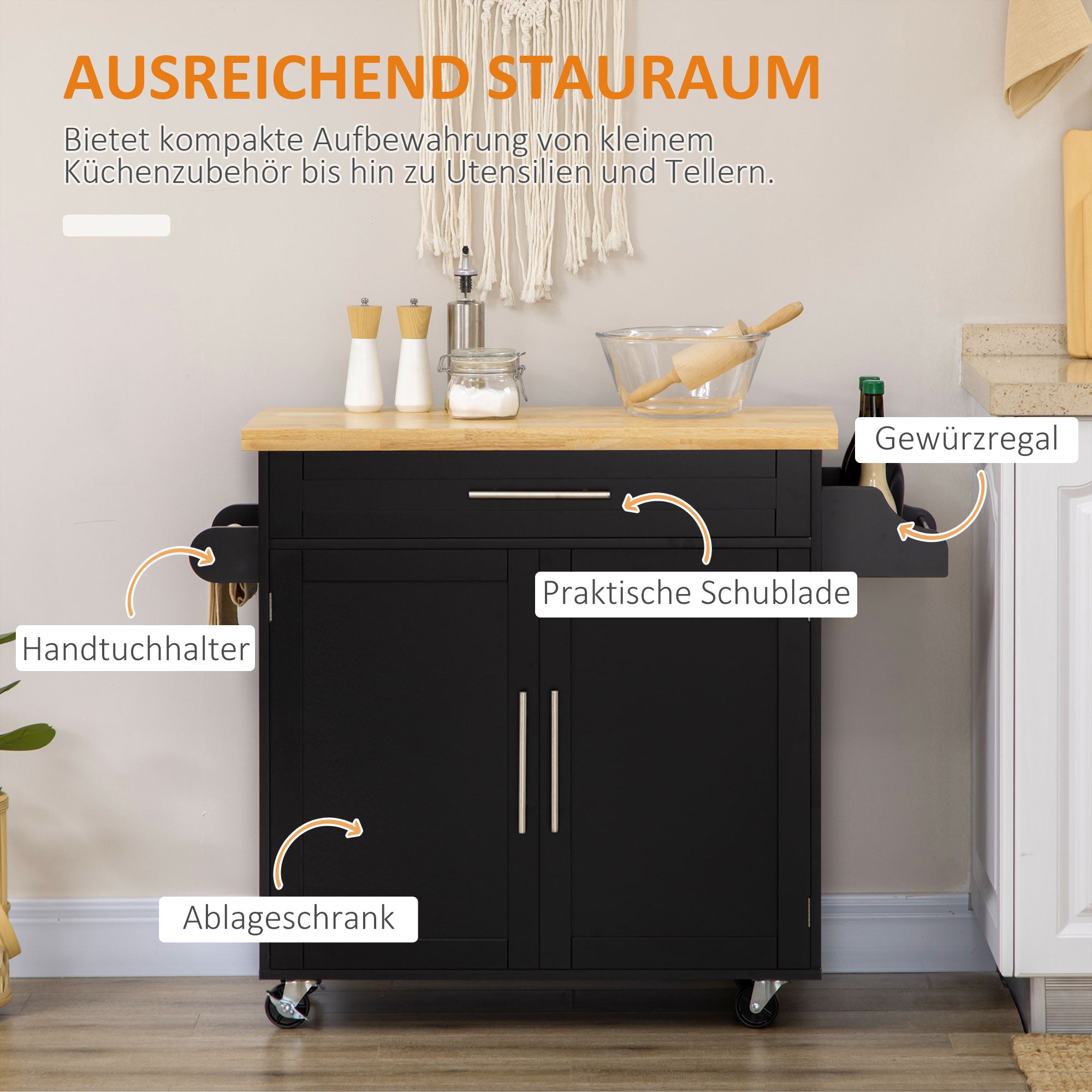 HOMCOM Keukentrolley Serveerwagen Keukenblok, 1 Kruidenrek, 1 Handdoekhouder, 109 cm x 40 cm x 89 cm, Zwart