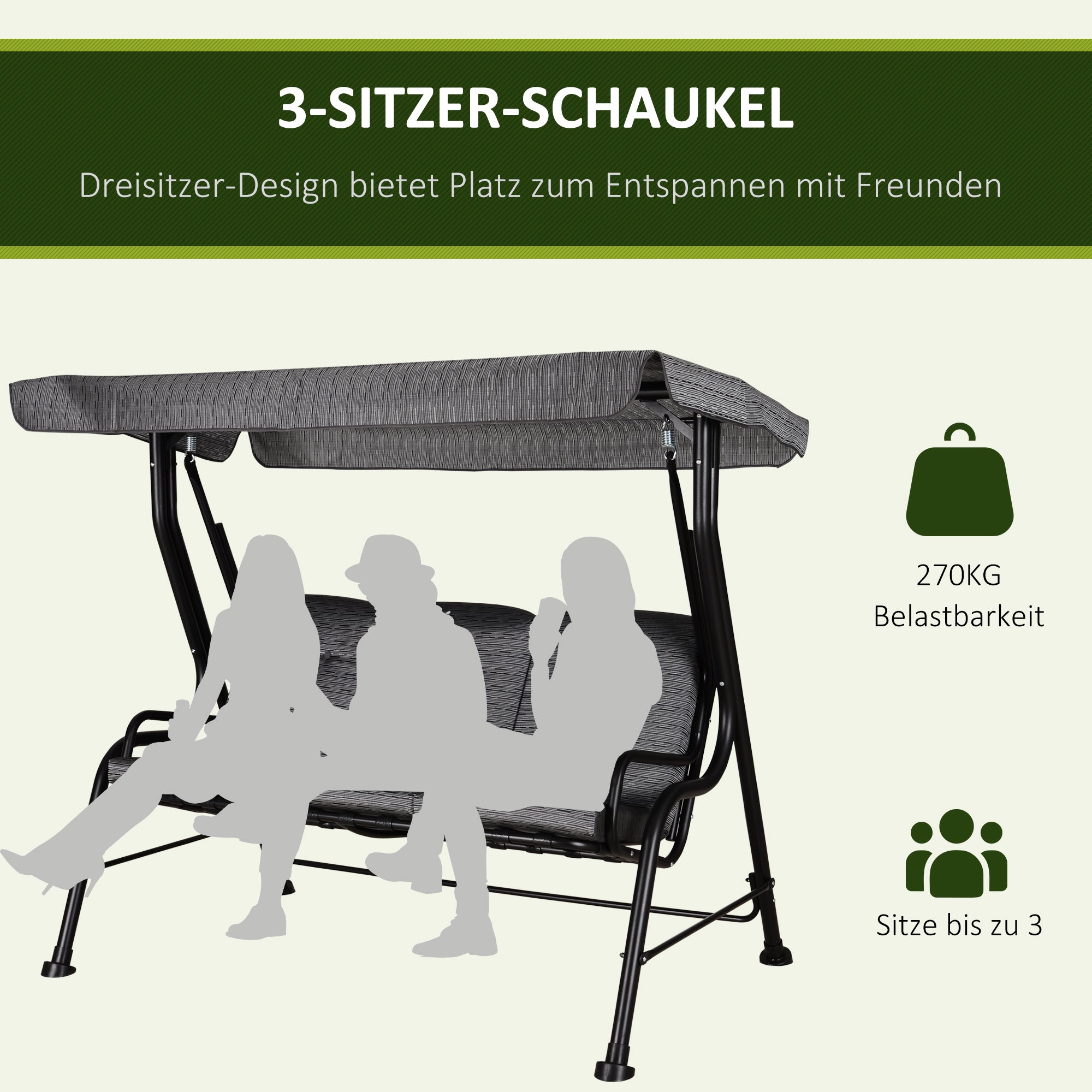 Outsunny Hollywoodschommel 3-zitten tuinschommel verstelbare zonnedak Textileen