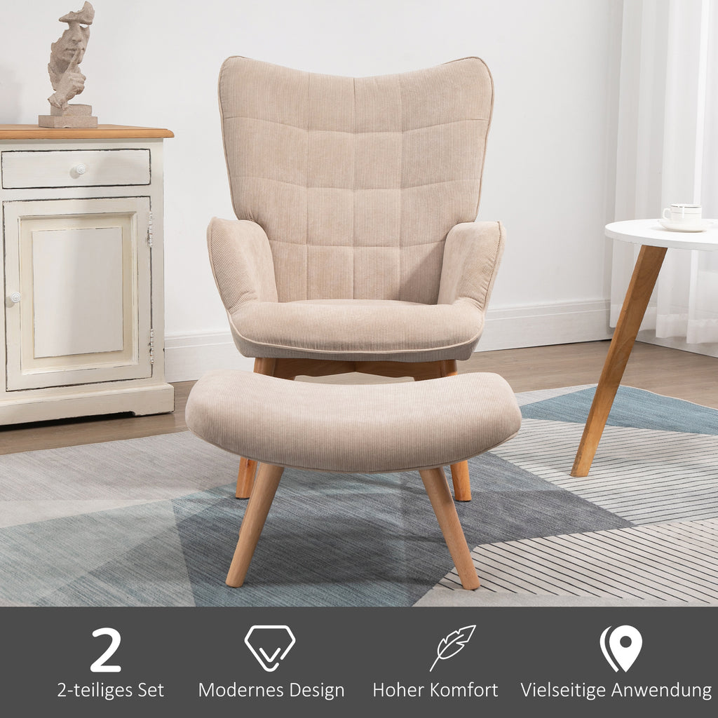 HOMCOM Fauteuil met Scandinavisch accent, voetenbank, fauteuilset, beukenhout, corduroy-look, beige
