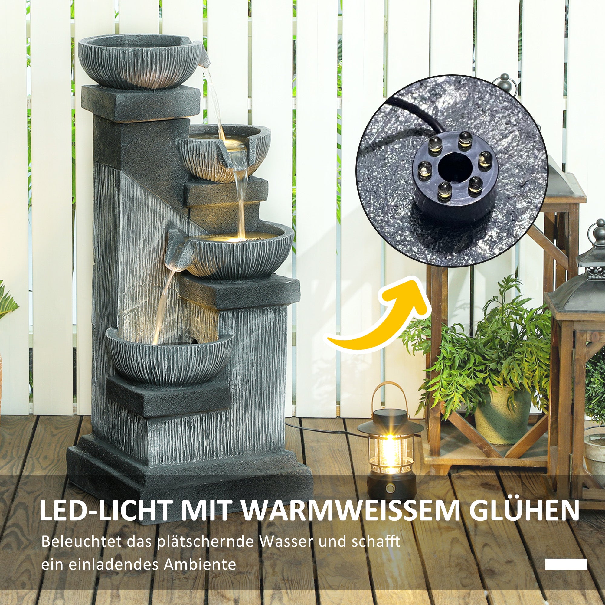 Outsunny 85 cm Outdoor Fontein, 4-Verdiepingen Sierfontein, Kunstmatige Waterval met LED-verlichting en Pomp, Grijs