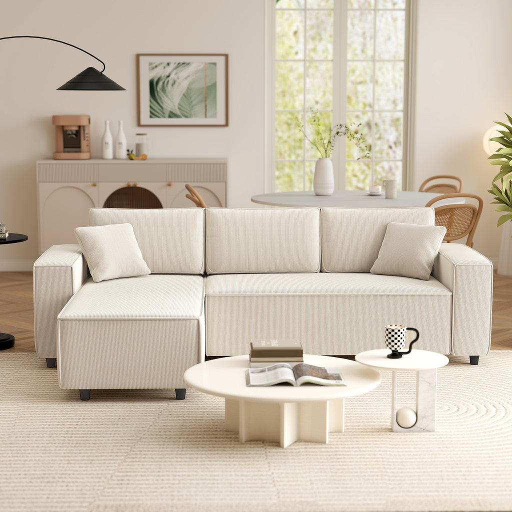 HOMCOM 3-Zitsbank met Chaise Longue, Woonkamerbank met Corduroy Bekleding, 2 Extra Kussens, Gestoffeerde Bank, Crèmewit